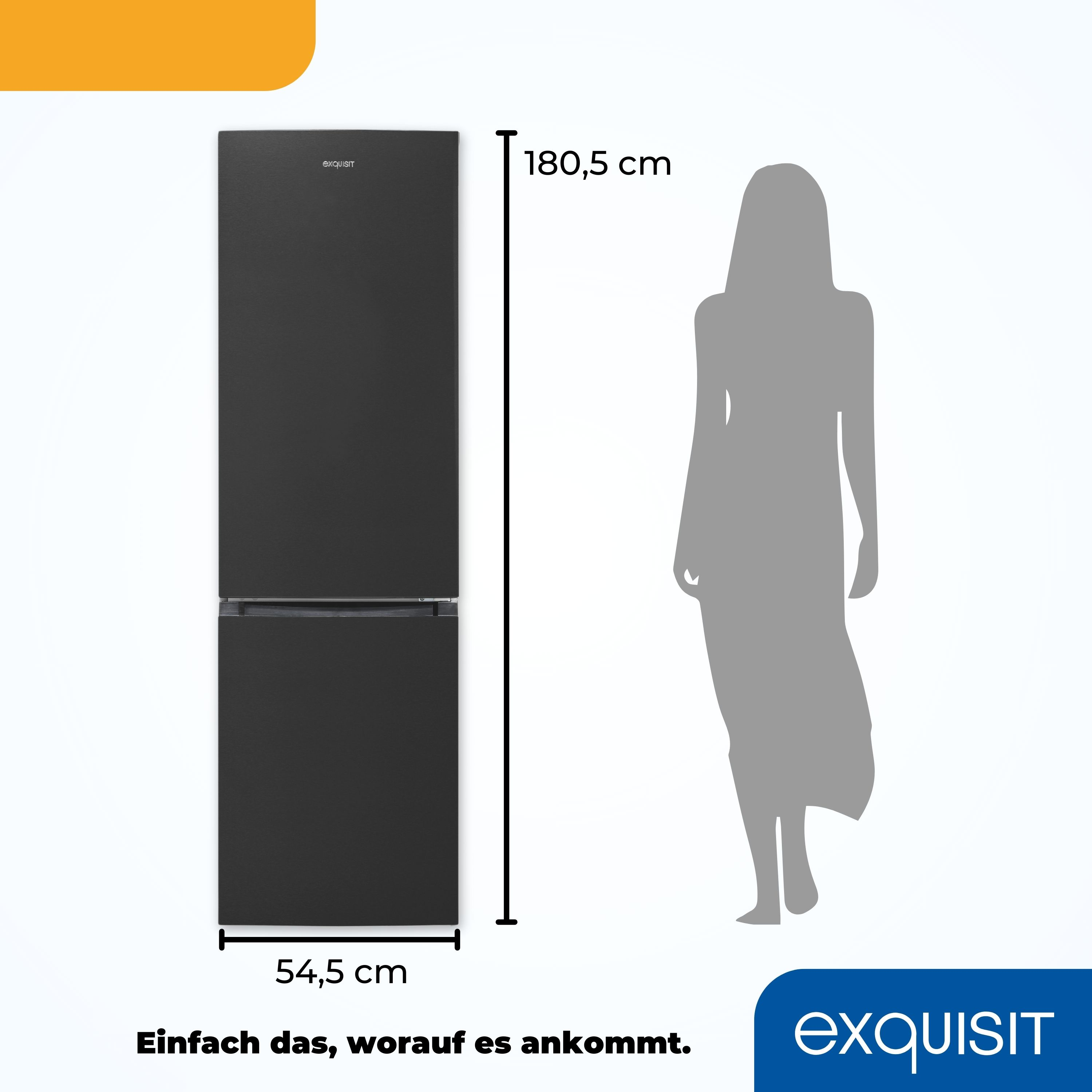 Ein schwarzer Kühlschrank mit Frauensilhouette und Maßangaben.