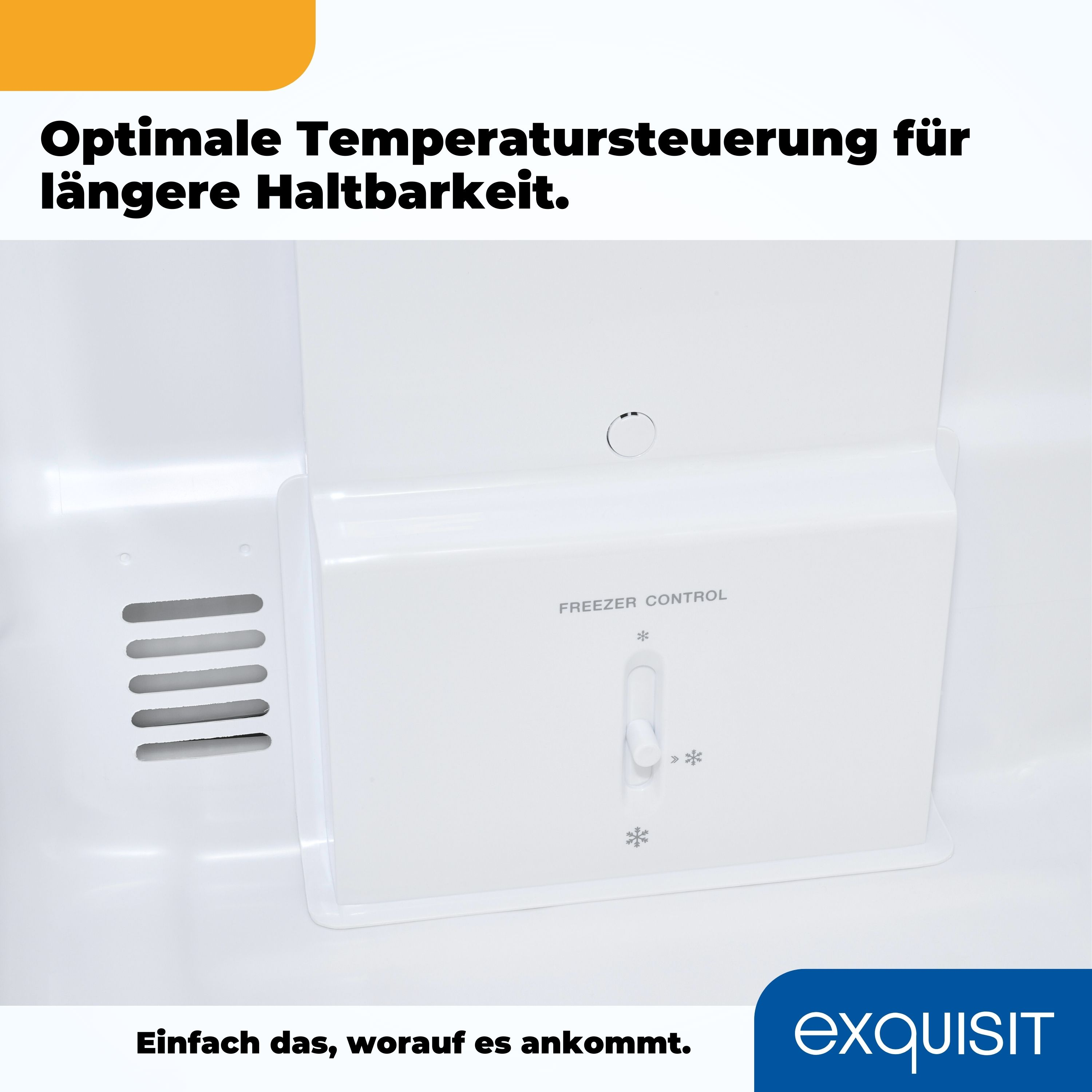 Gefrierfach-Bedienfeld mit Schalter, weiß, Nahaufnahme.
