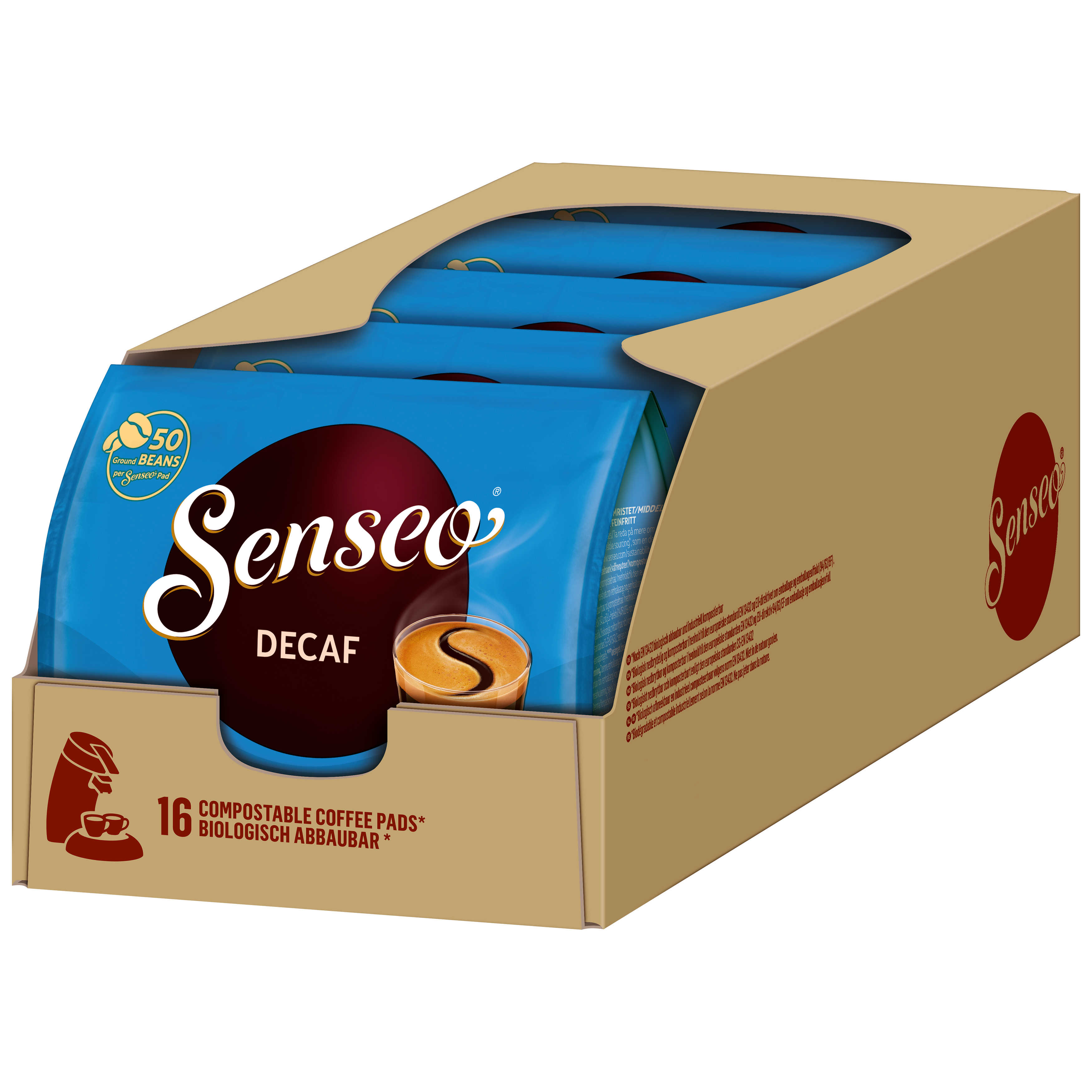 Schachtel mit Senseo Decaf Kaffeepads.