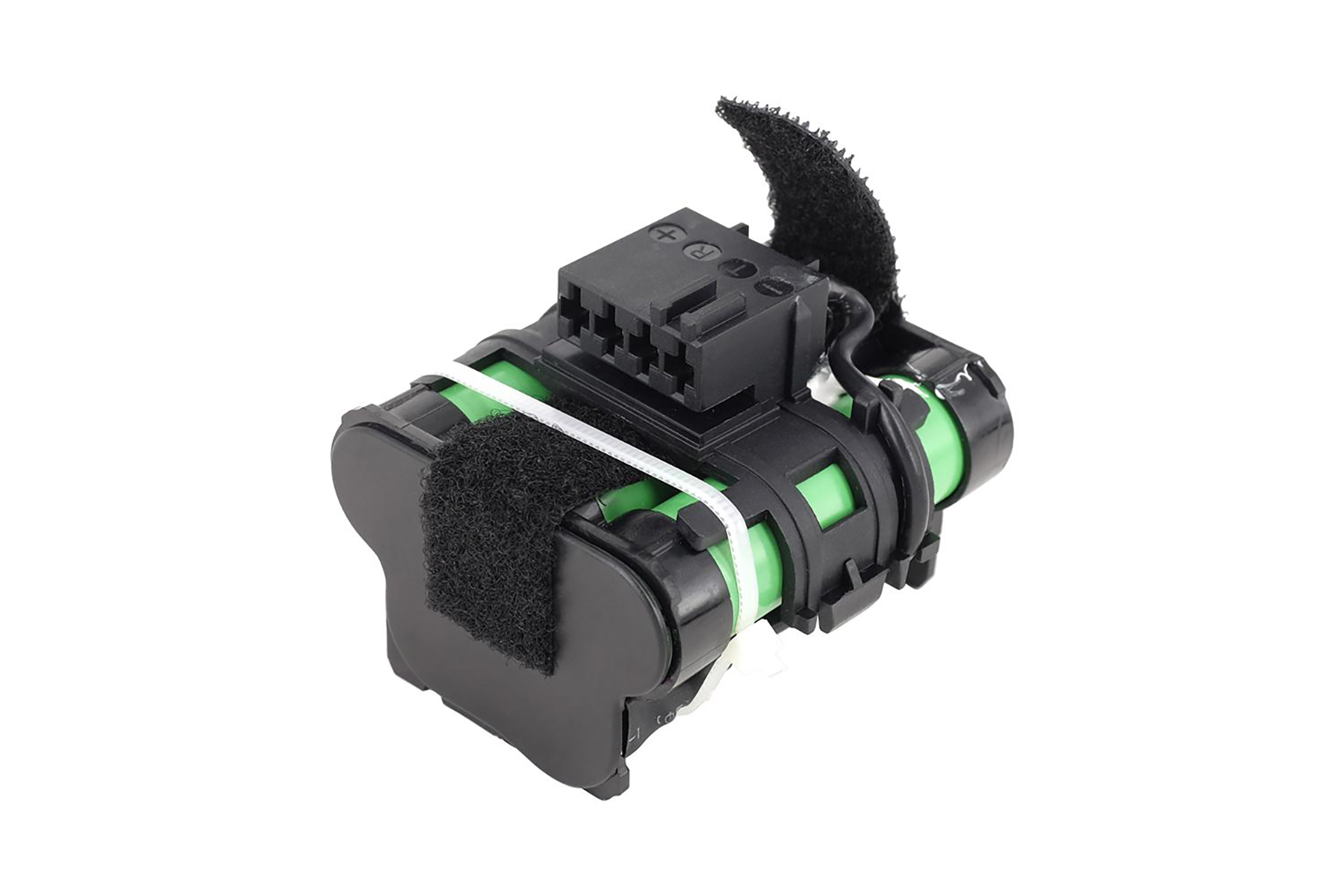 Ein schwarz-grünes Akkupack mit sichtbaren grünen Batterien, gesichert mit schwarzen Riemen.