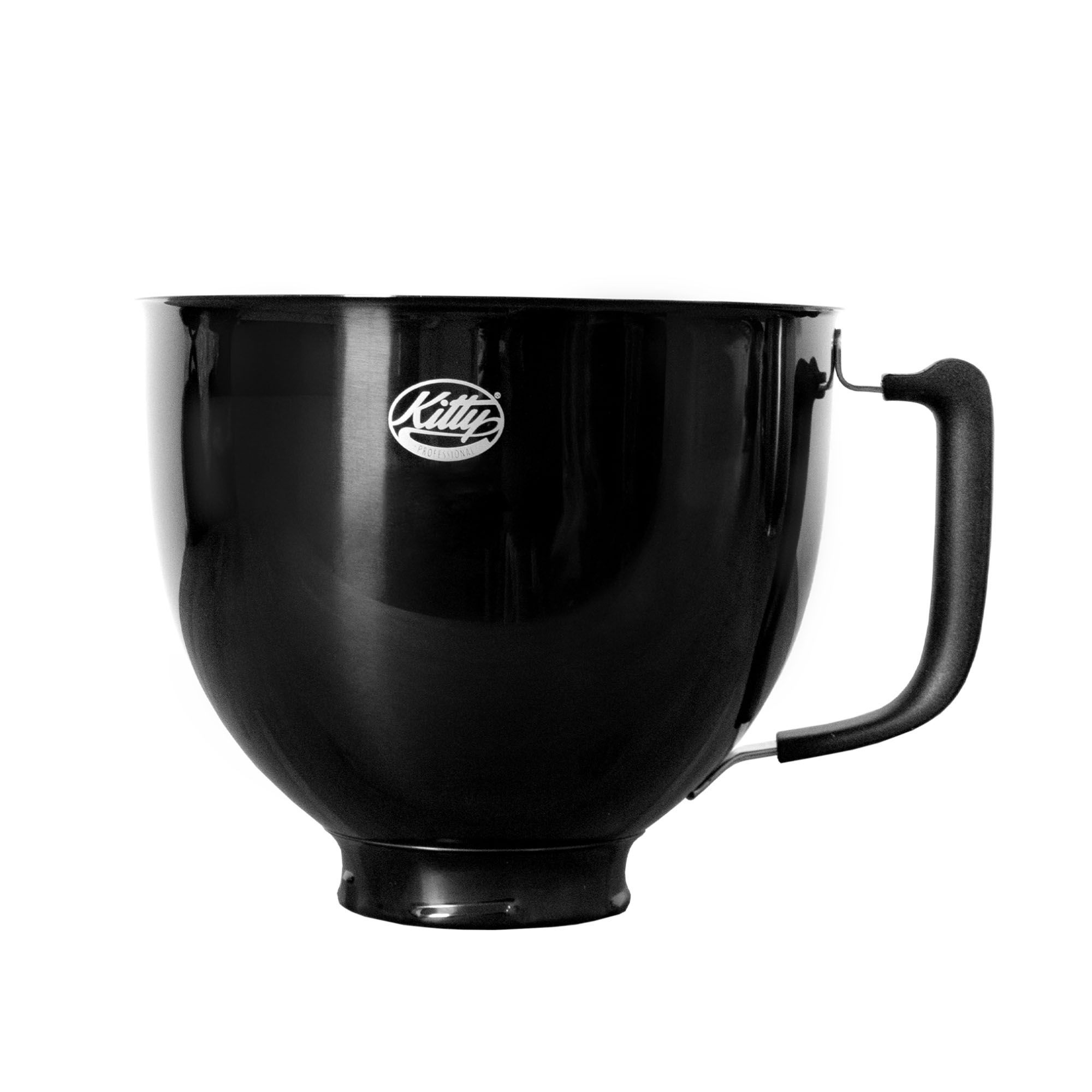 Schwarze Rührschüssel mit Griff auf weißem Hintergrund.