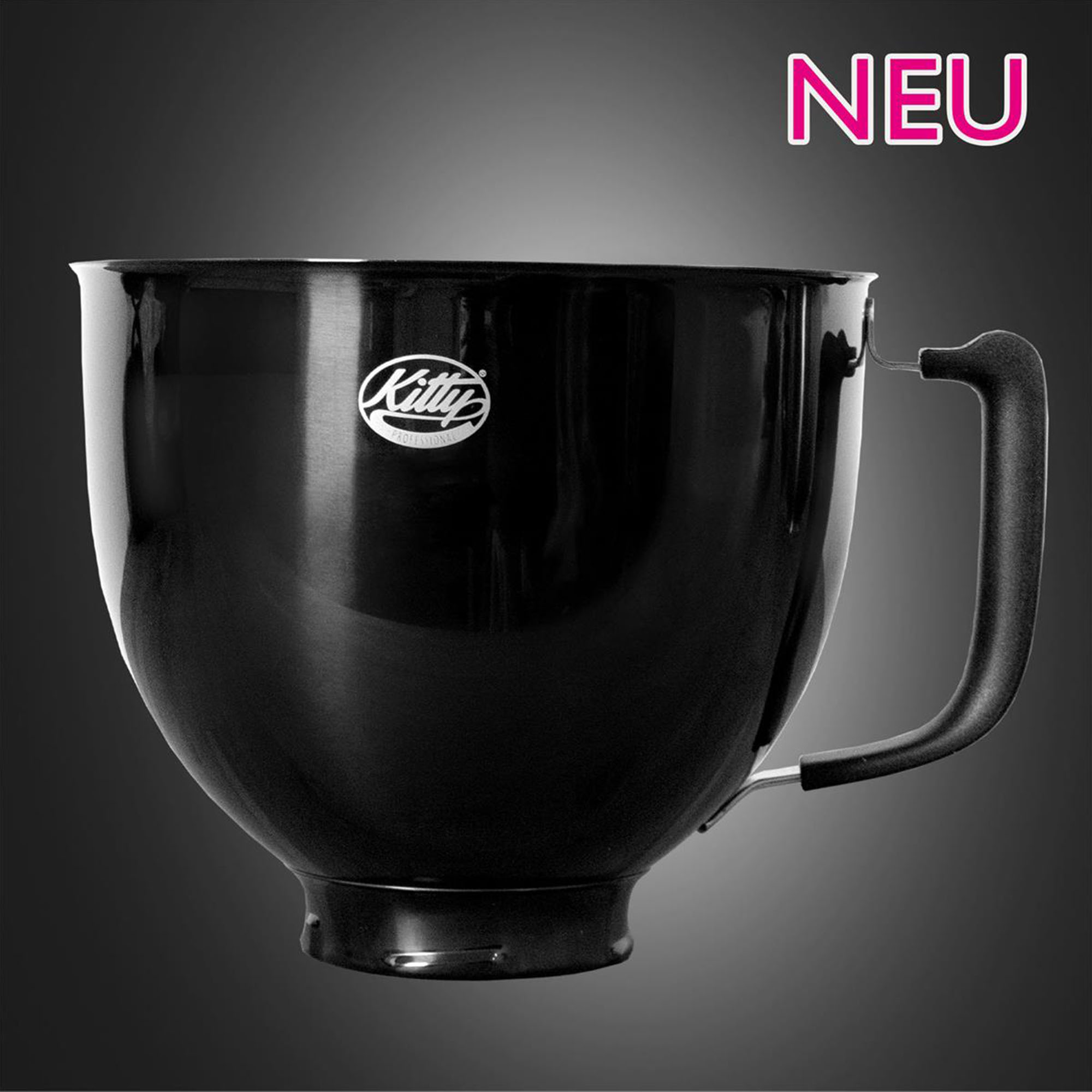 Schwarze Küchen-Rührschüssel mit Griff, das Wort 'Kitty' steht darauf.