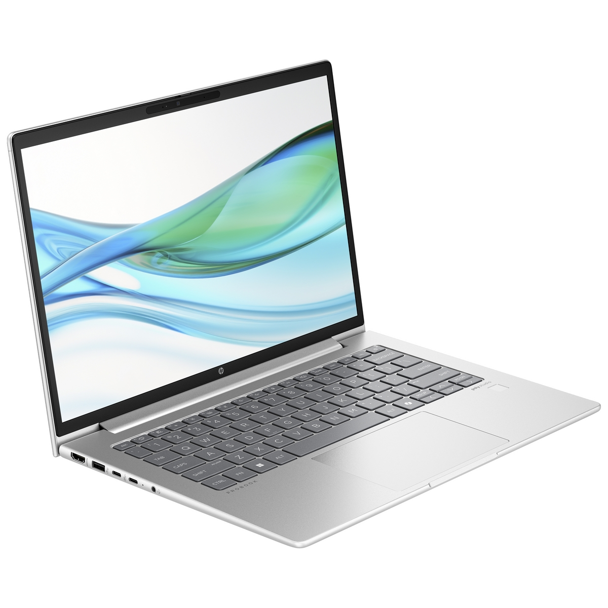 Laptop argentato con schermo acceso, che mostra un design blu-verde, aperto.