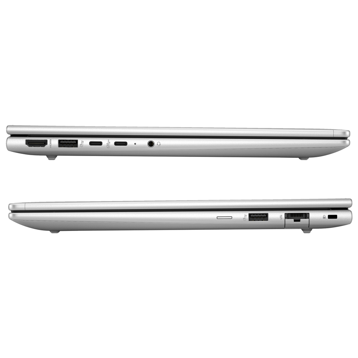 Due laptop argentati vista laterale, che mostrano porte e dettagli delle cerniere.