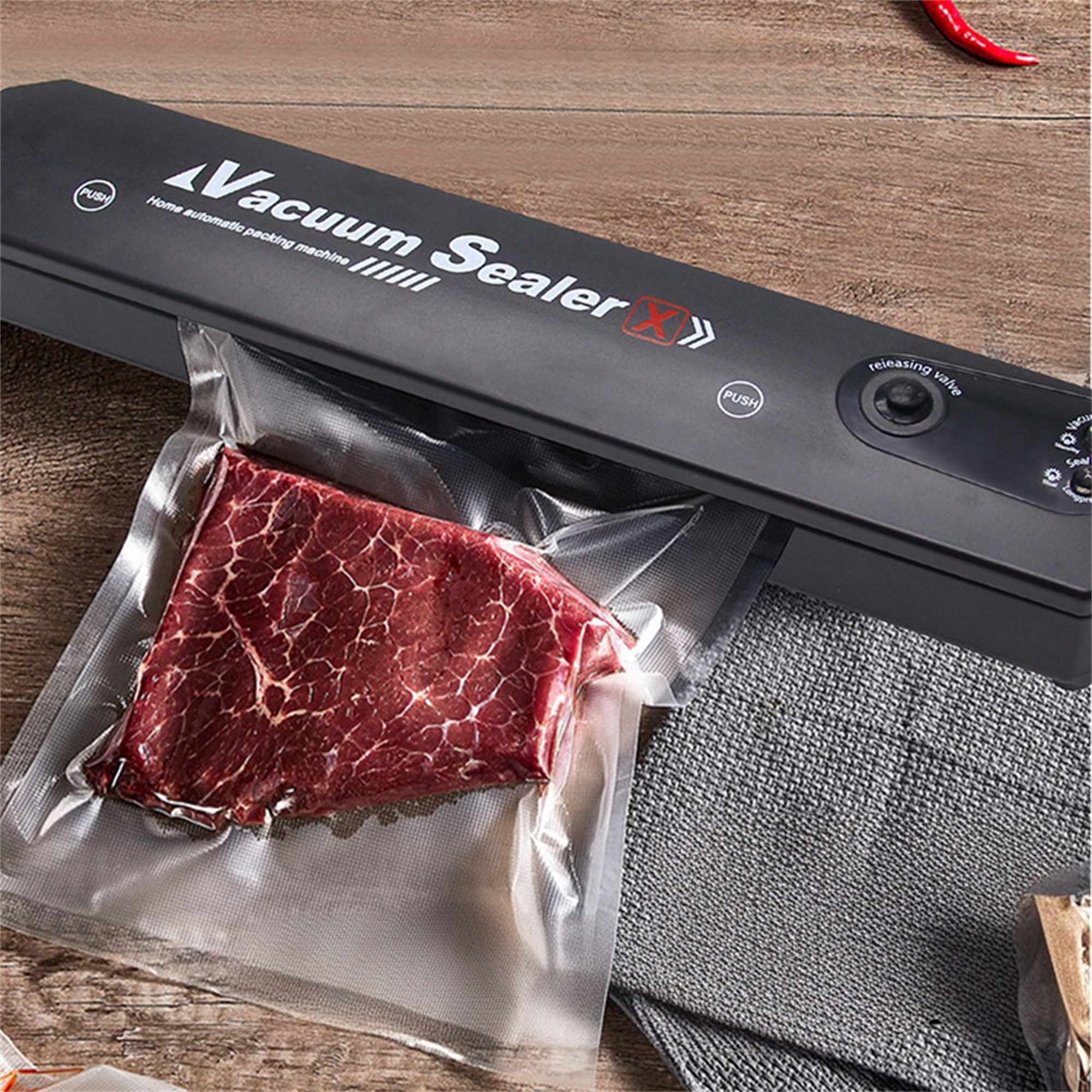 Vakuumiergerät mit versiegeltem rohem Steak in einer transparenten Plastiktüte.