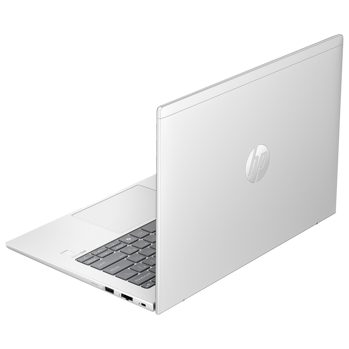 Laptop bianco, vista posteriore. Il laptop è aperto, mostrando la tastiera e il logo HP.