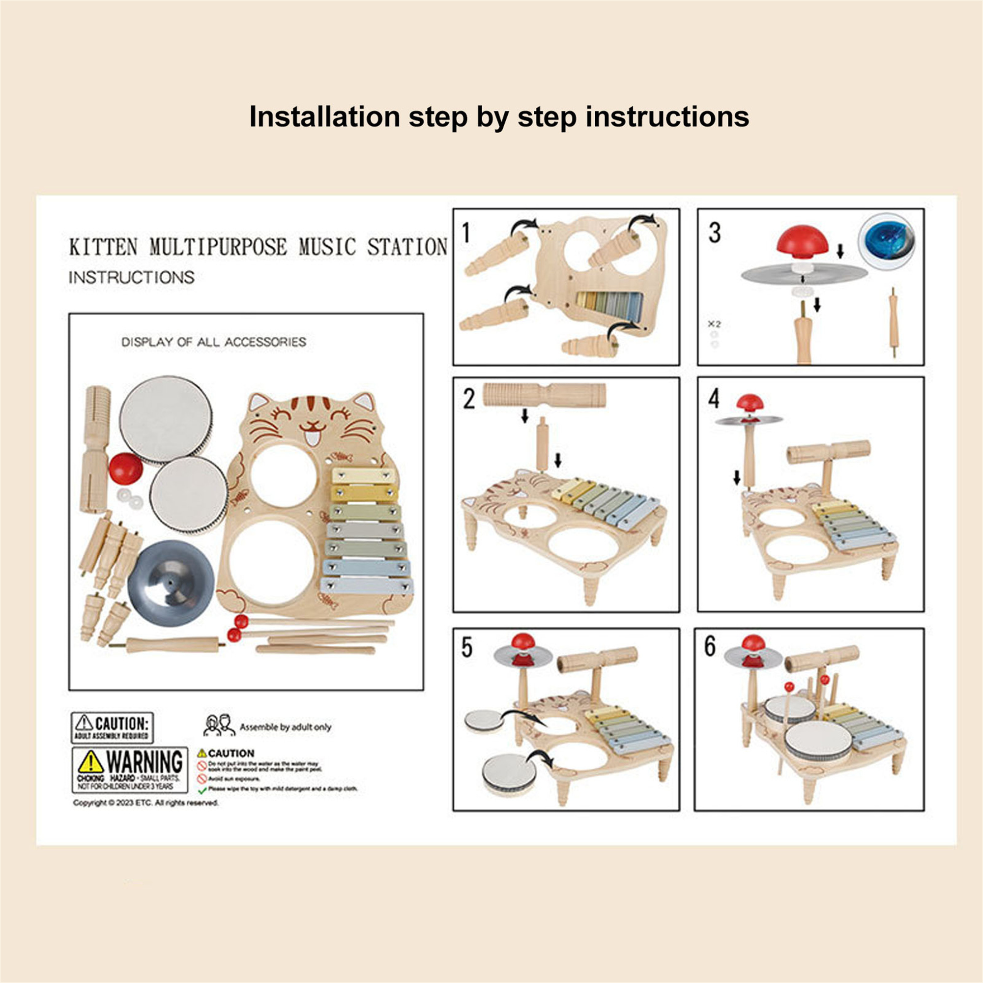 Schritt-für-Schritt-Anleitung zum Zusammenbau eines Spielzeug-Musikinstruments mit Xylophon, Trommeln und Glocken.