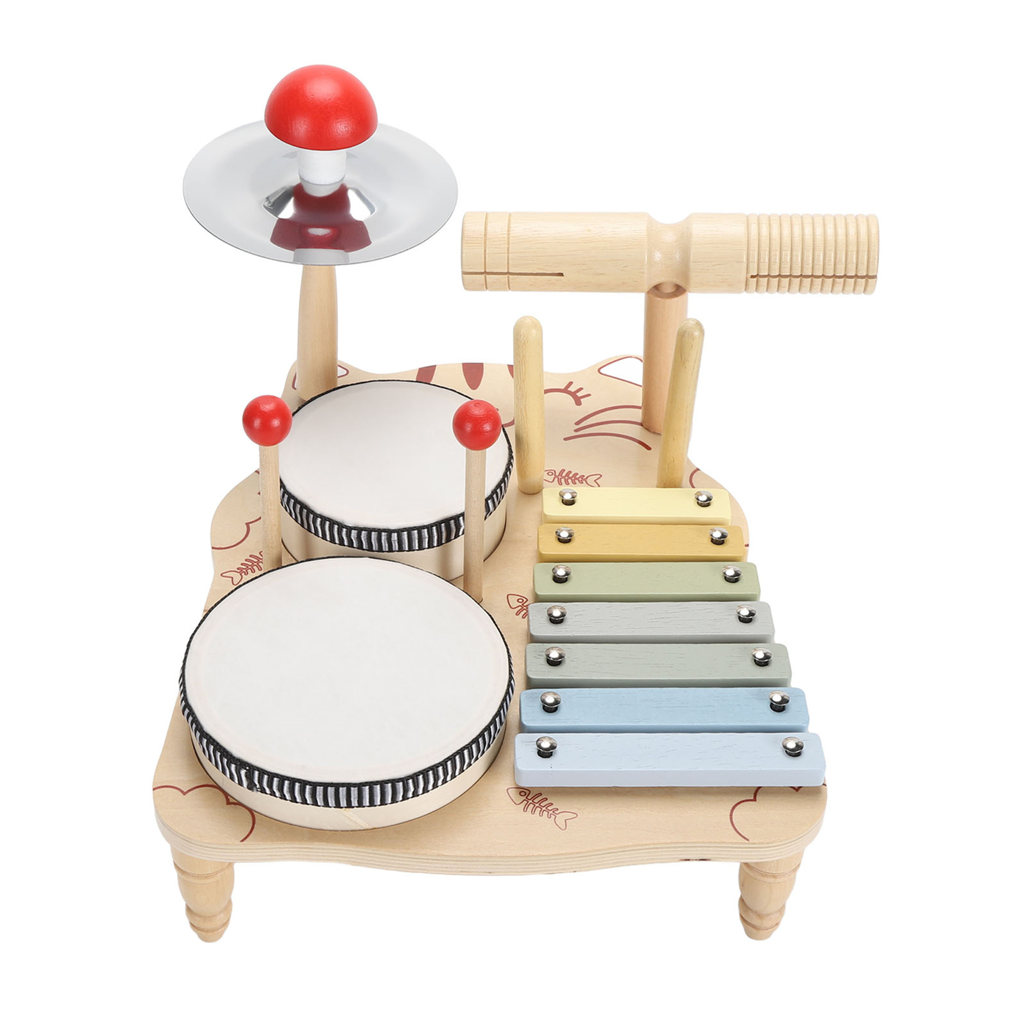 Musikalisches Holzset für Kinder mit Trommeln, Xylophon und Becken.
