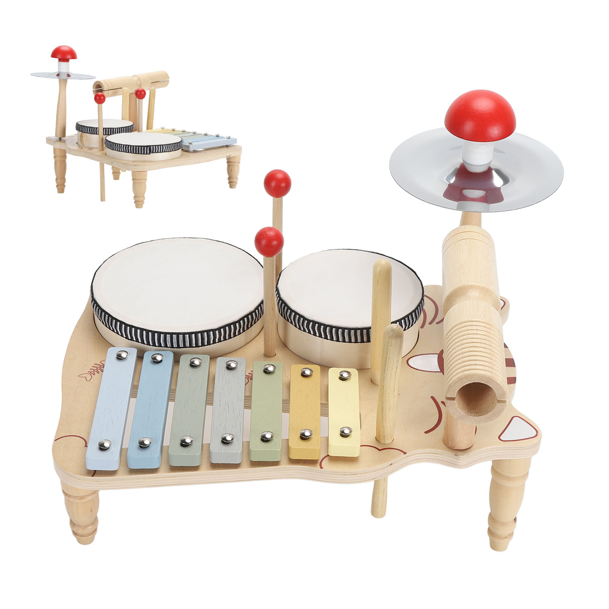 Ein hölzernes Spielzeug-Schlagzeug mit einem kleinen Schlagzeug. Das Spielzeug hat Trommeln, ein Becken und ein Xylophon.