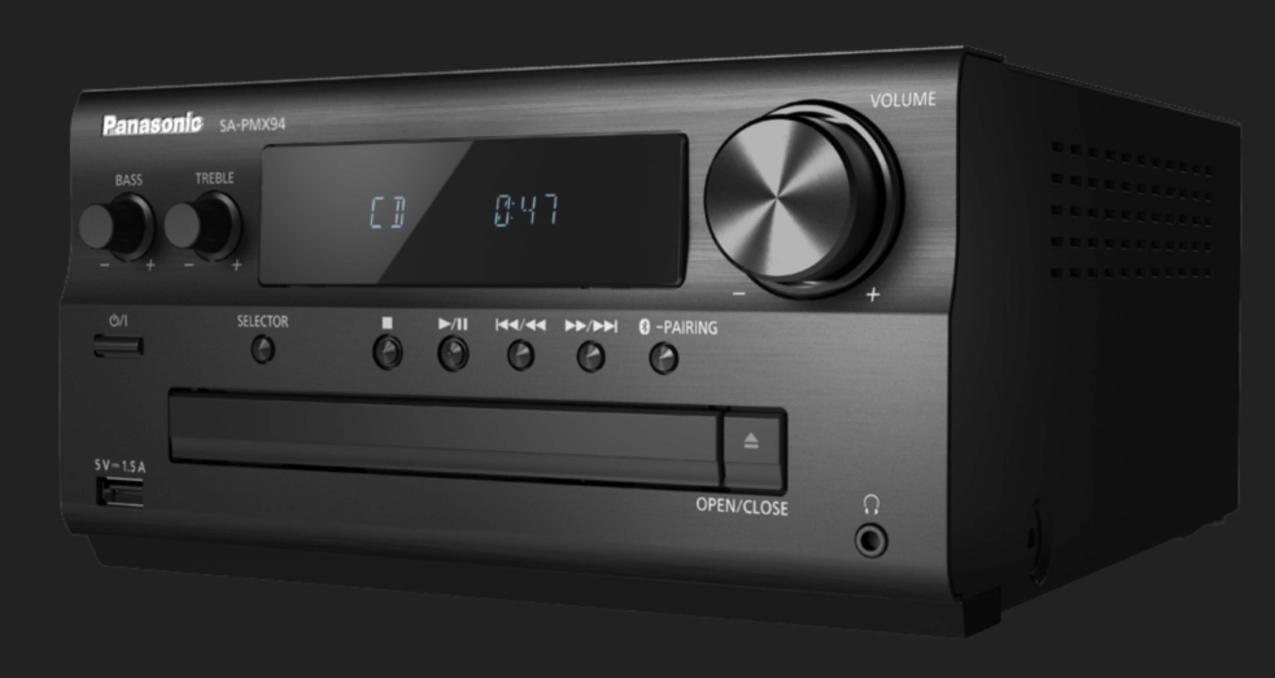 Un impianto stereo nero con pulsanti e un display. La parola 'Panasonic' è visibile.