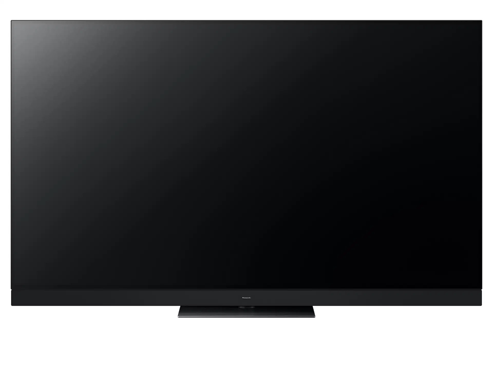 Schermo TV nero e base su sfondo bianco.