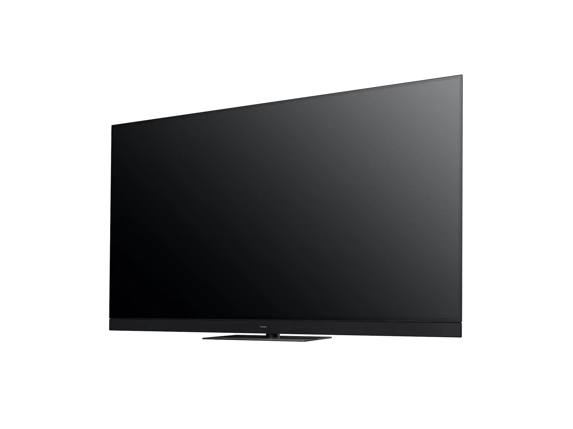 Una TV nera su sfondo bianco. La TV è angolata.
