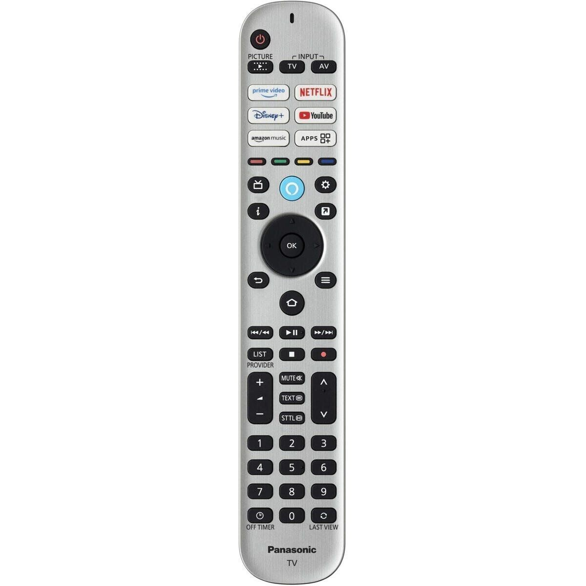 Télécommande TV Panasonic. Corps argenté, nombreux boutons, y compris raccourcis des services de streaming.