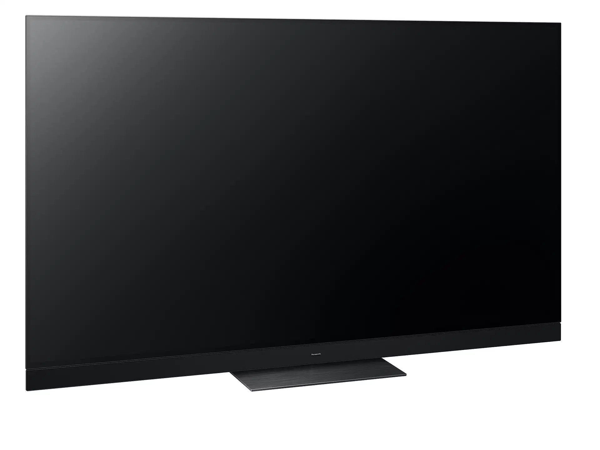 Grande TV nera con supporto. Lo schermo è scuro e la cornice sottile. Lo sfondo è bianco.