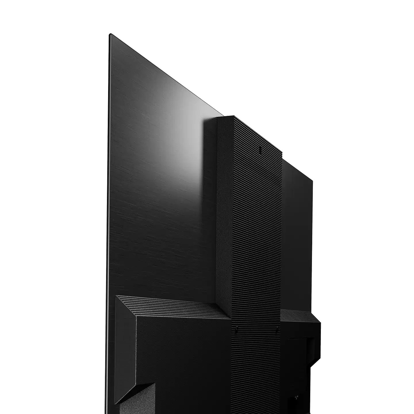 Vista posteriore TV nera, isolata su sfondo bianco.