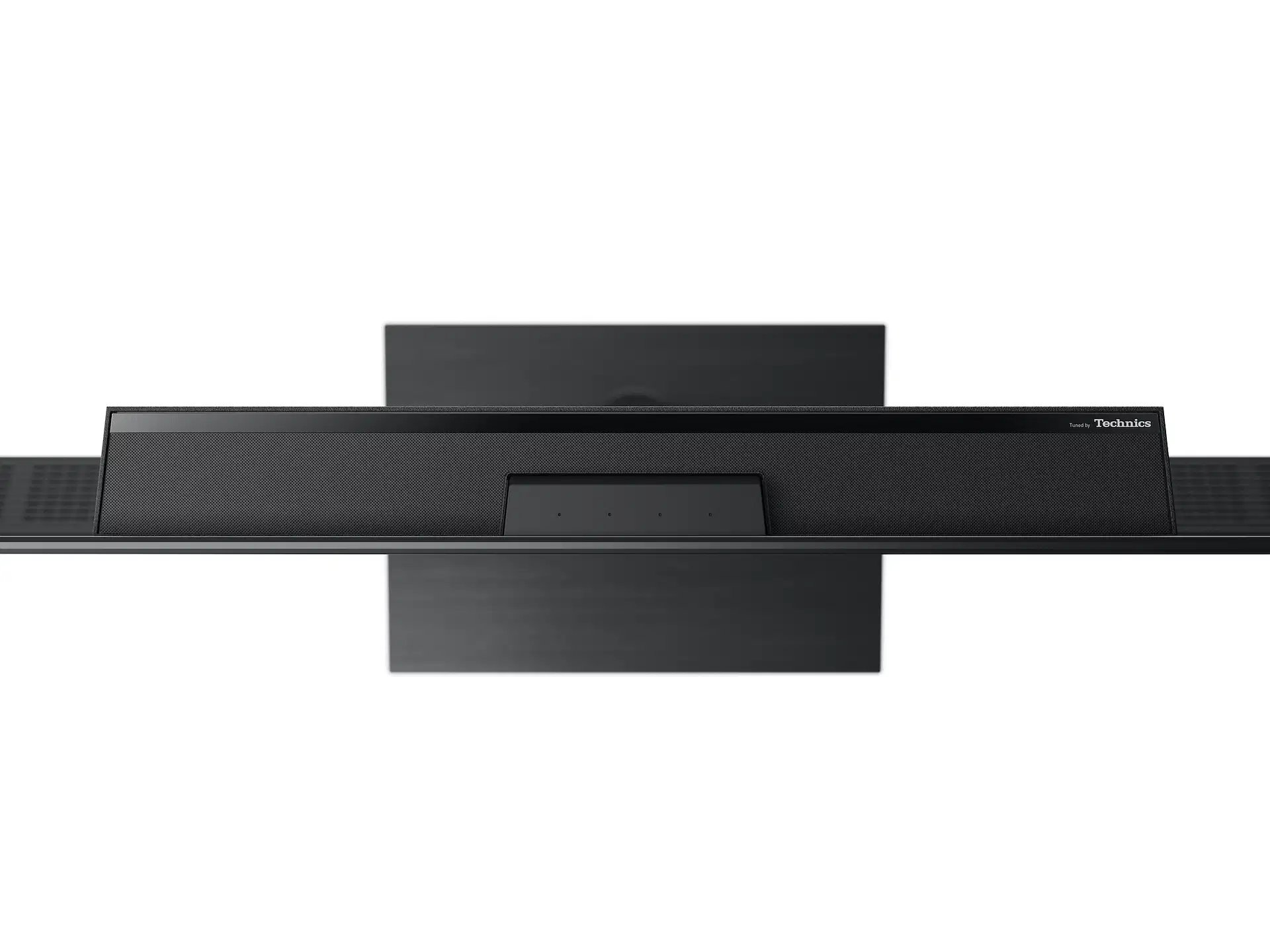 Soundbar nera su sfondo bianco, il marchio è Technics.