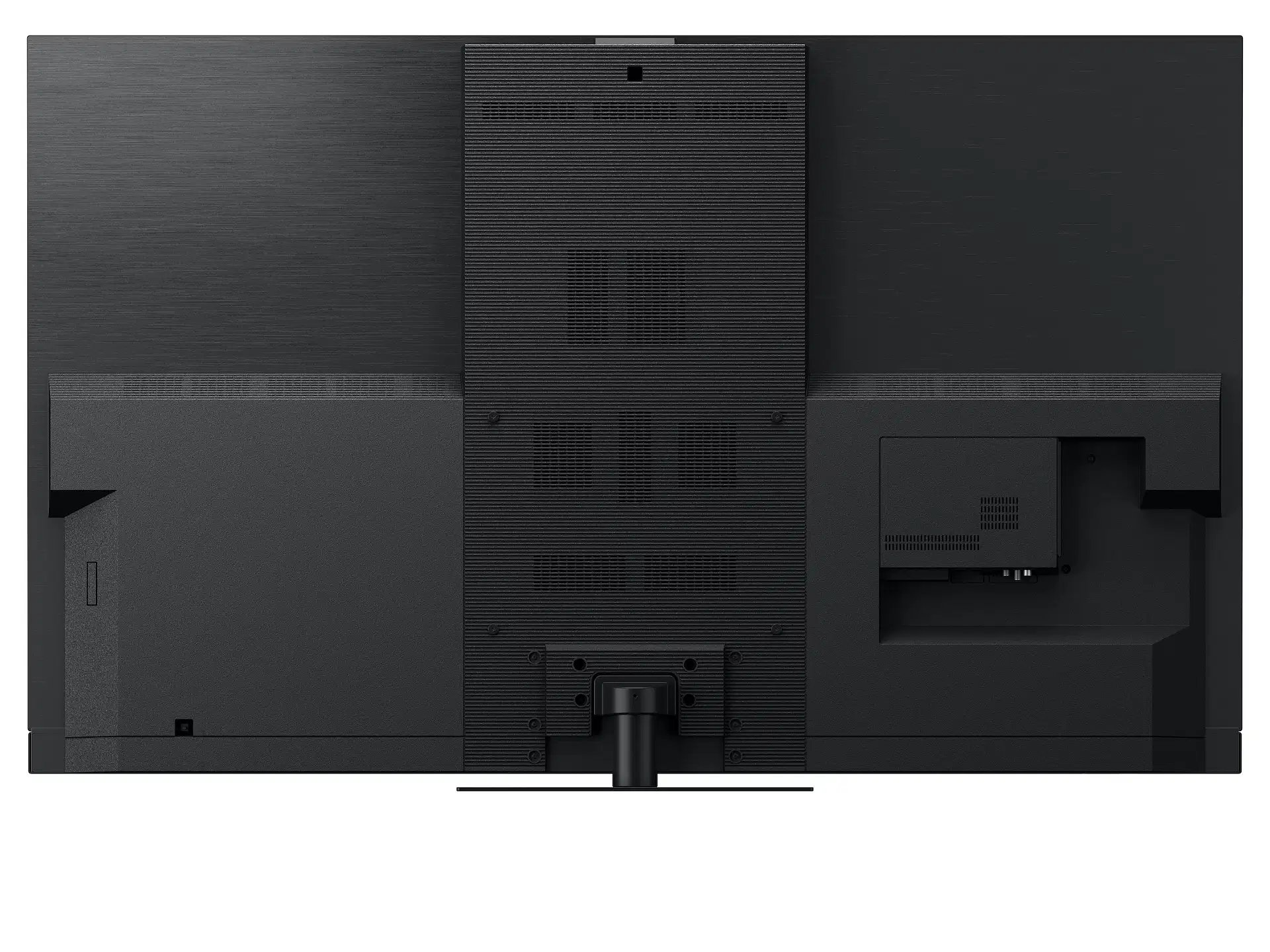Il retro di una TV nera, con una griglia altoparlante centrale, più porte e un supporto.