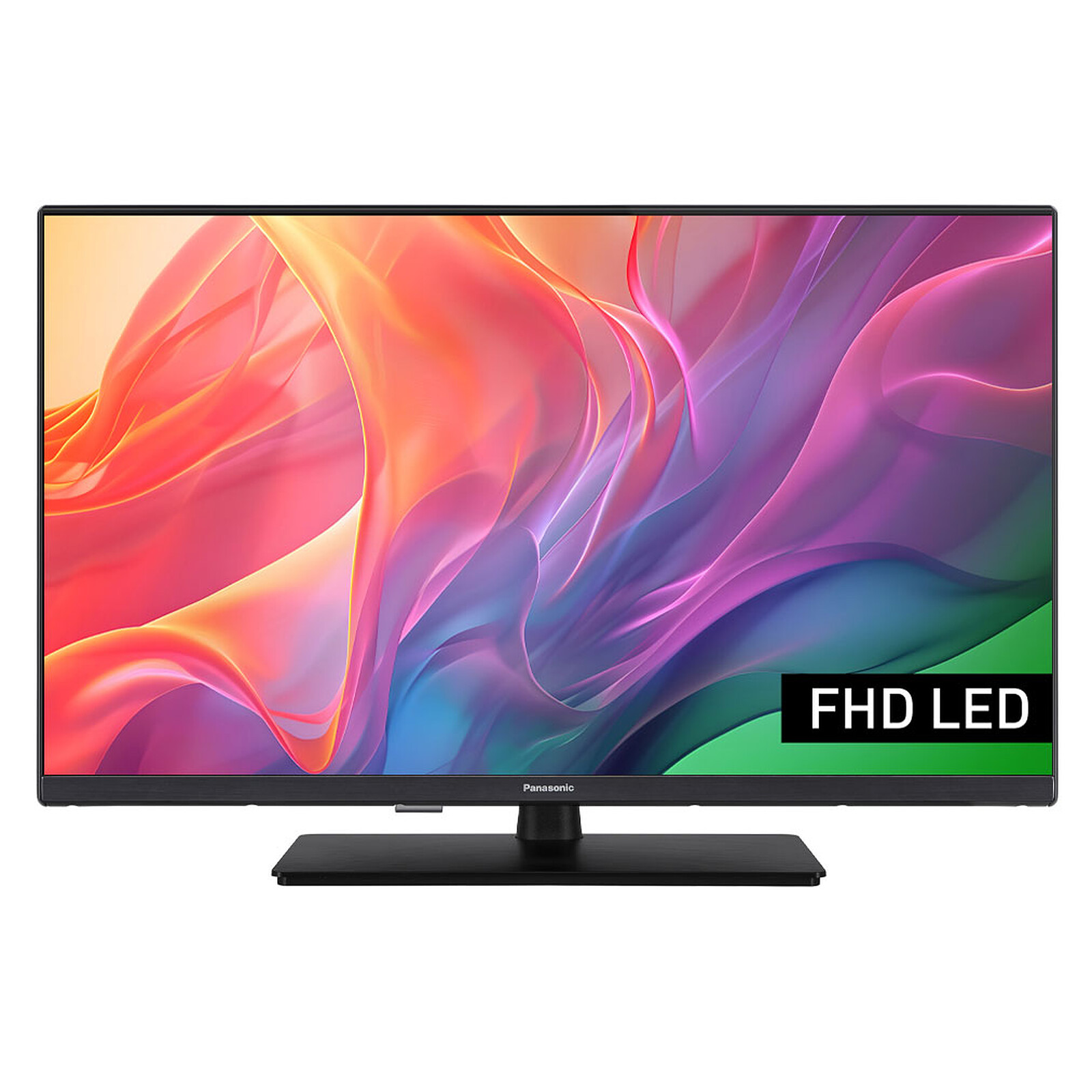Pantalla de TV negra con fondo abstracto colorido, etiqueta FHD LED.