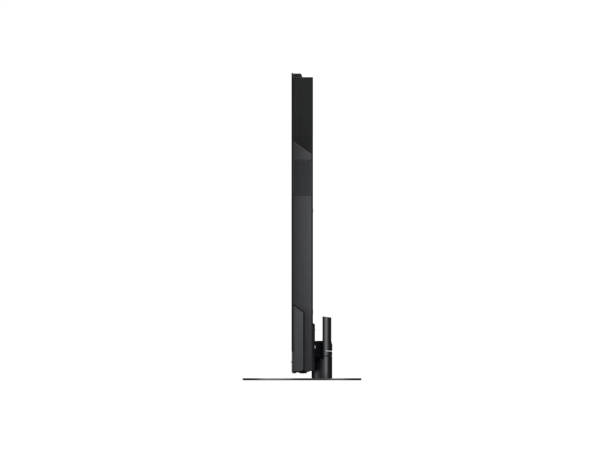 Seitenansicht eines schwarzen Fernsehers mit Ständer auf weißem Hintergrund.