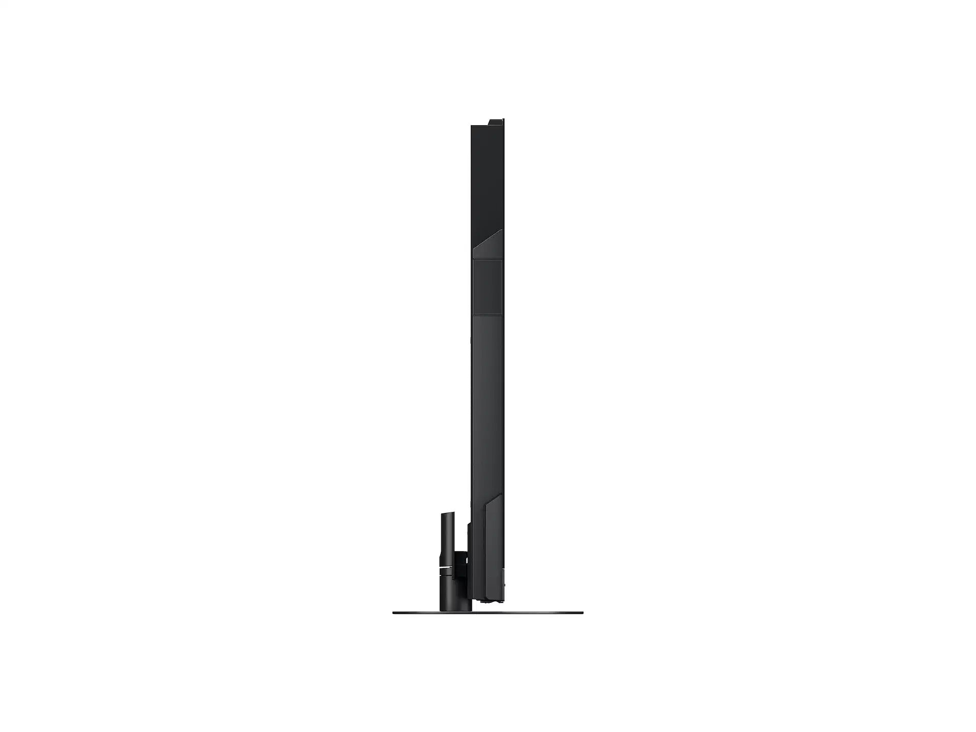 Eine Seitenansicht eines schwarzen Fernsehers auf weißem Hintergrund.