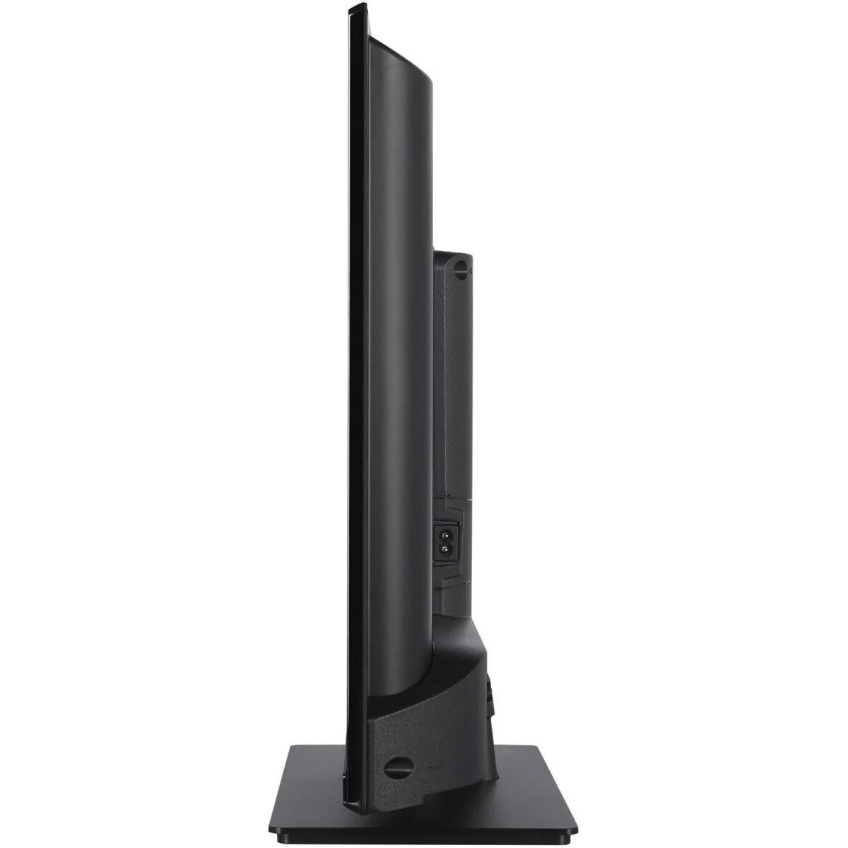 Czarny telewizor z boku, z czarną podstawą i portami połączeniowymi.