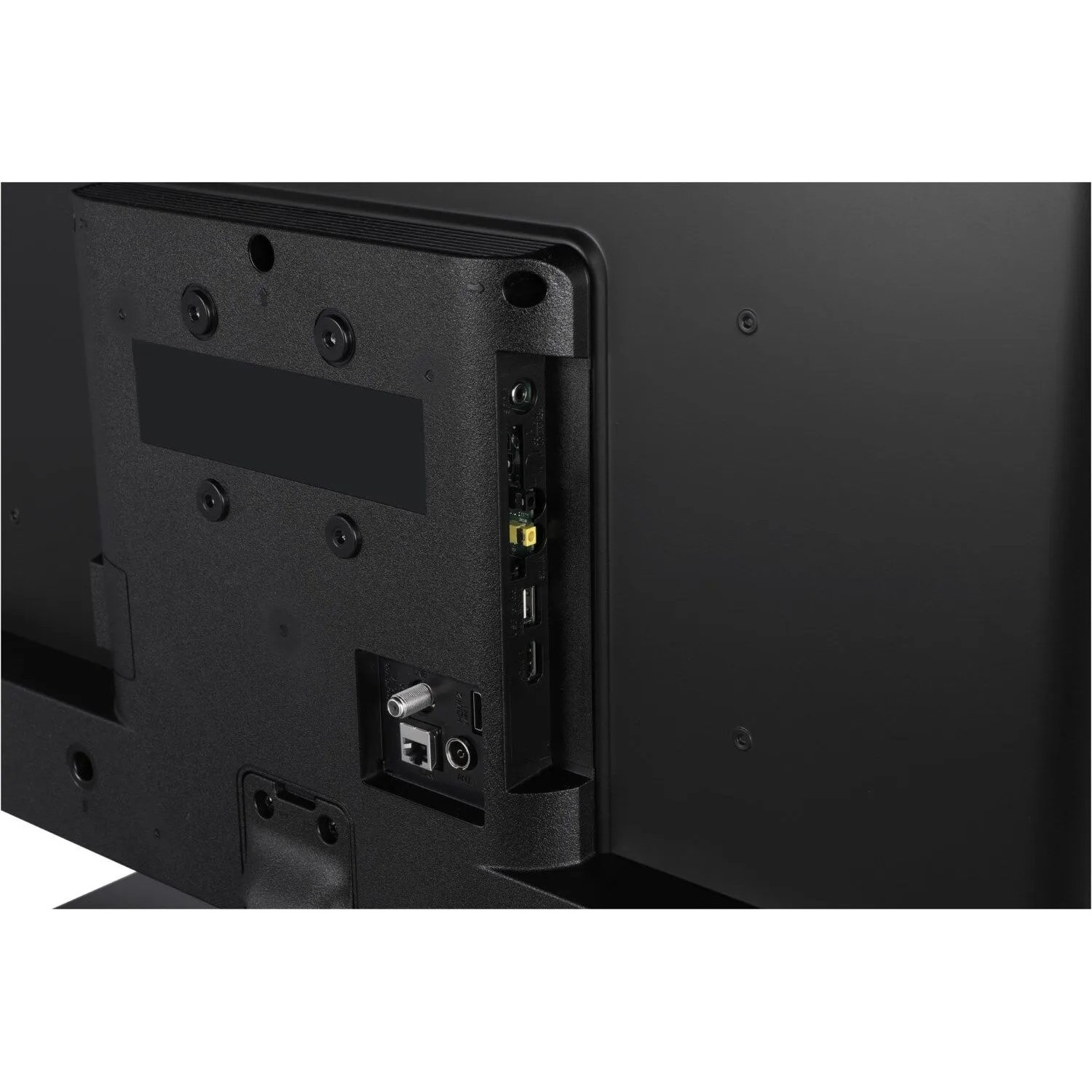 Tył czarnego telewizora z portami. Czarne tło.