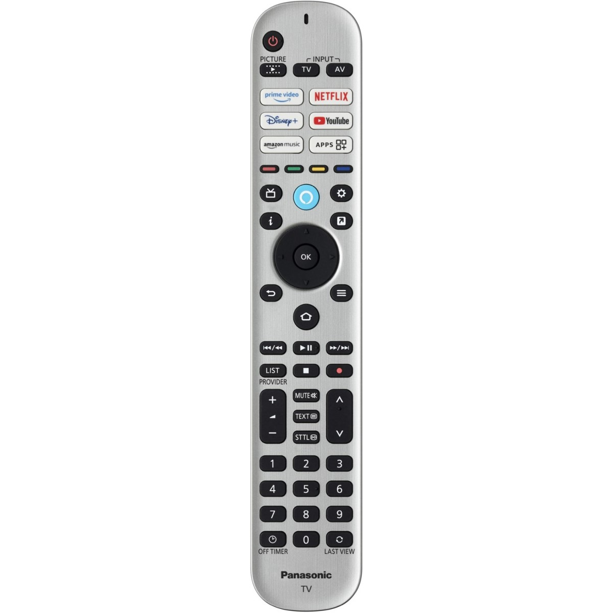 Telecomando TV argento con molti pulsanti, tra cui Netflix e Prime Video.
