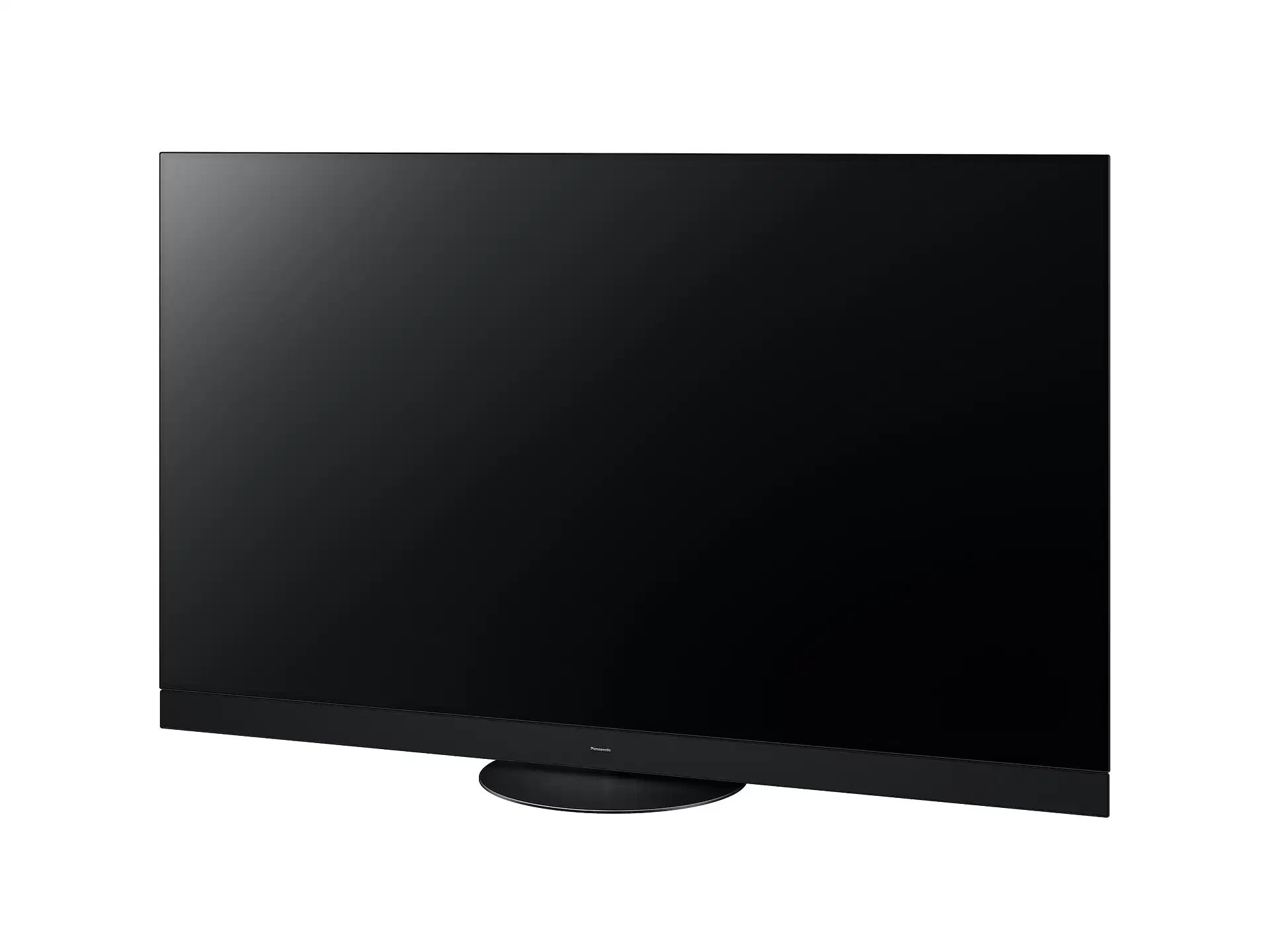 Un grande schermo TV nero con una cornice nera sottile. La TV è su un supporto scuro.