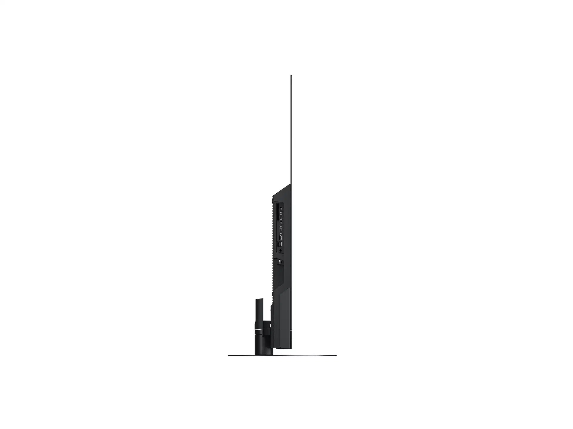 Vista laterale di una TV nera sottile su sfondo bianco. Design minimalista.