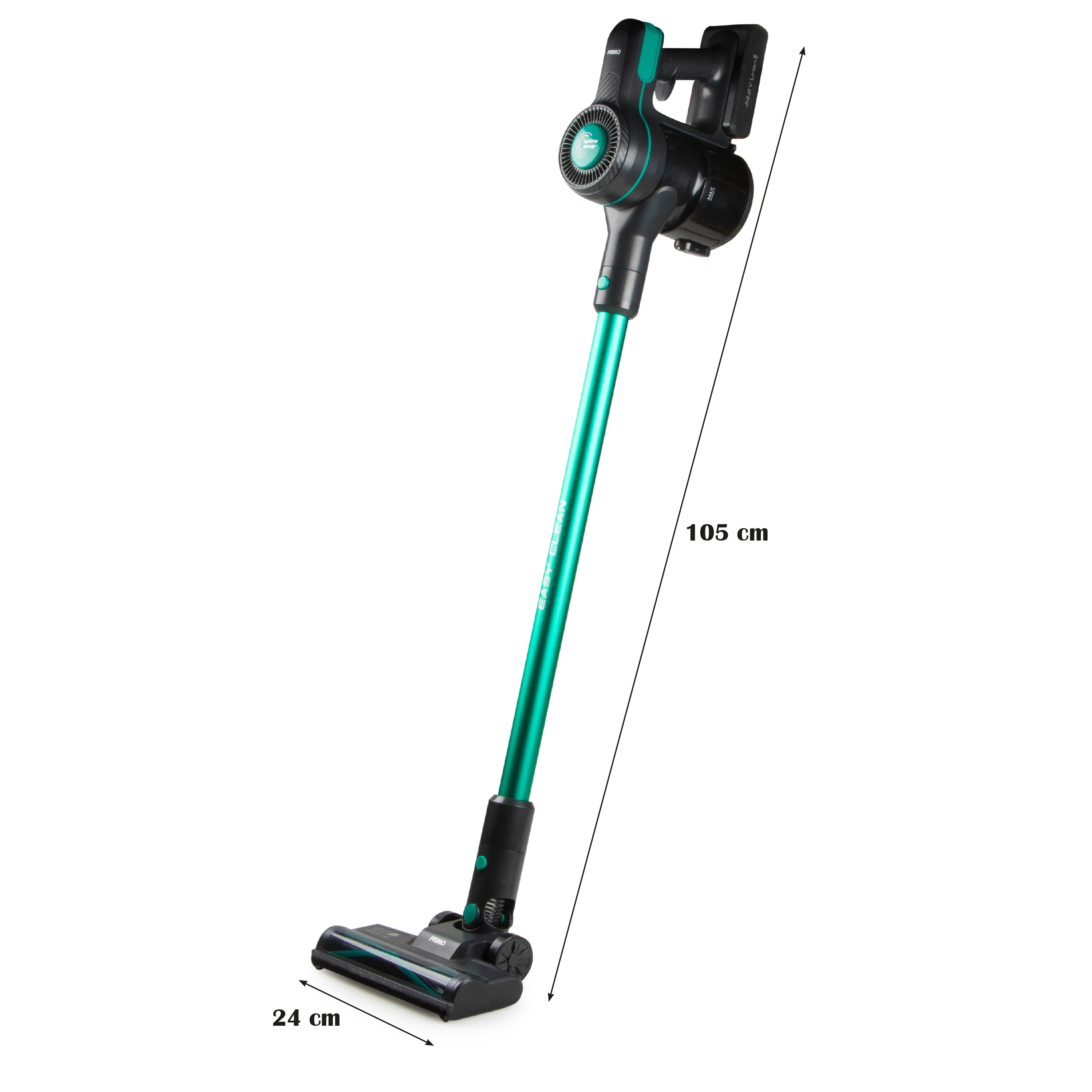 A green and black vacuum cleaner. It's positioned at an angle, showing its length and brush width.