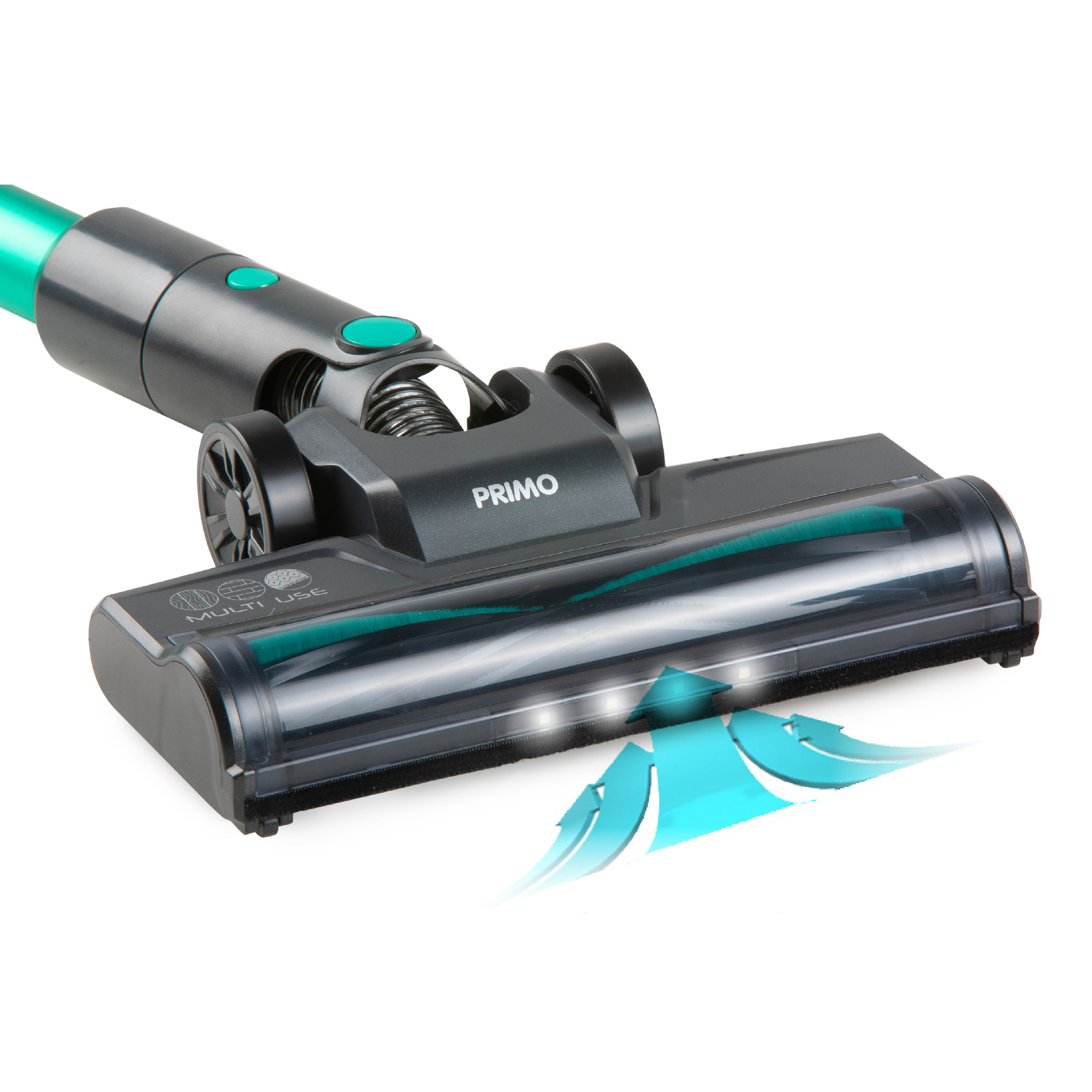 Vacuum cleaner head with the 'PRIMO' brand name, teal accents, and lights on, white background.