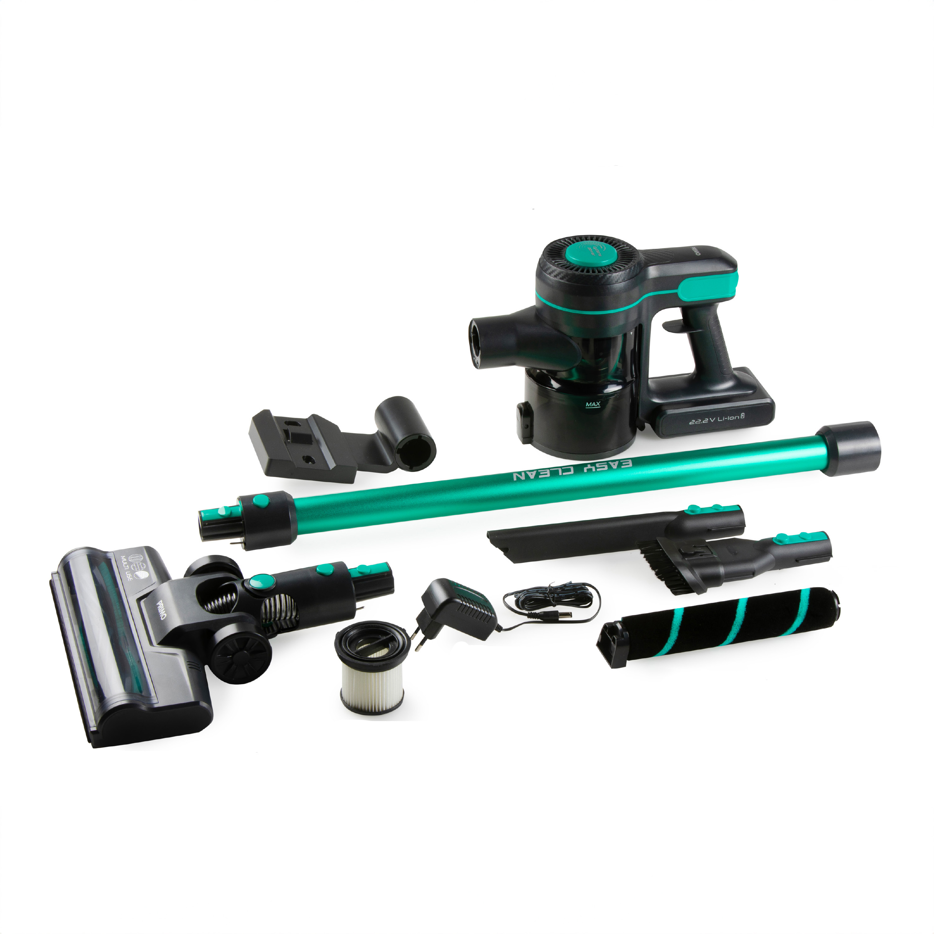 Vacuum cleaner and accessories on white. Vacuum is black and green. Various attachments.