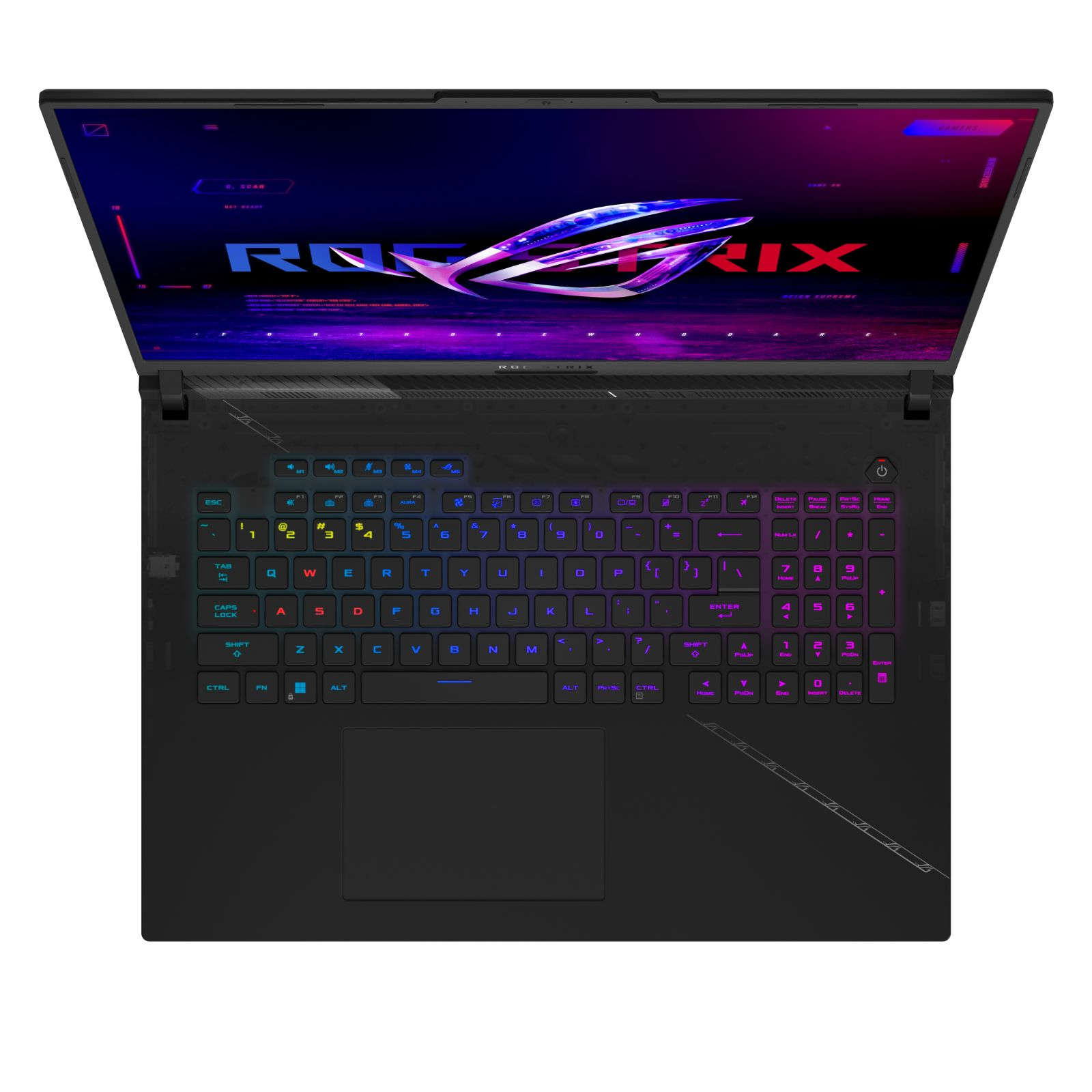 Gaming-Laptop mit beleuchteter Tastatur und Display, Draufsicht.