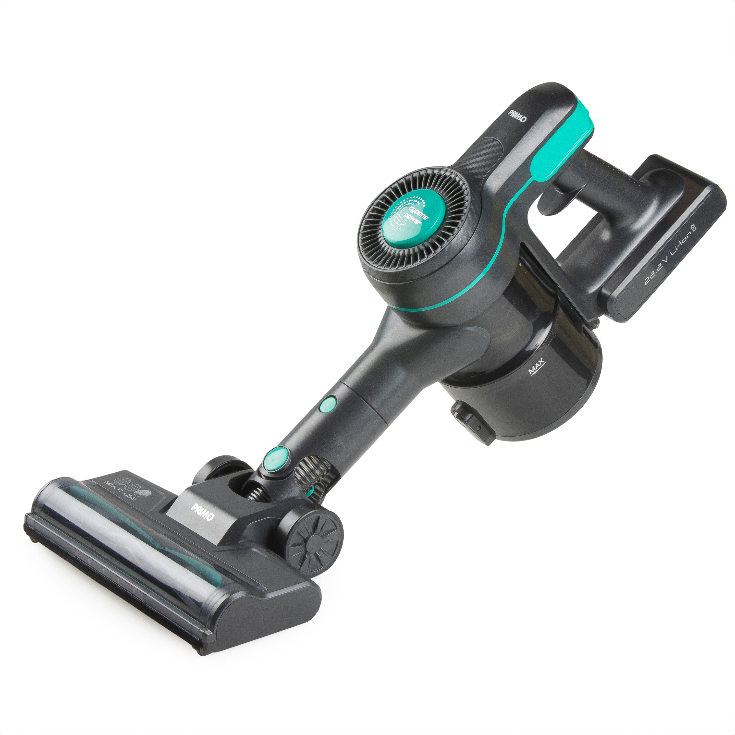 A black and green cordless vacuum cleaner.