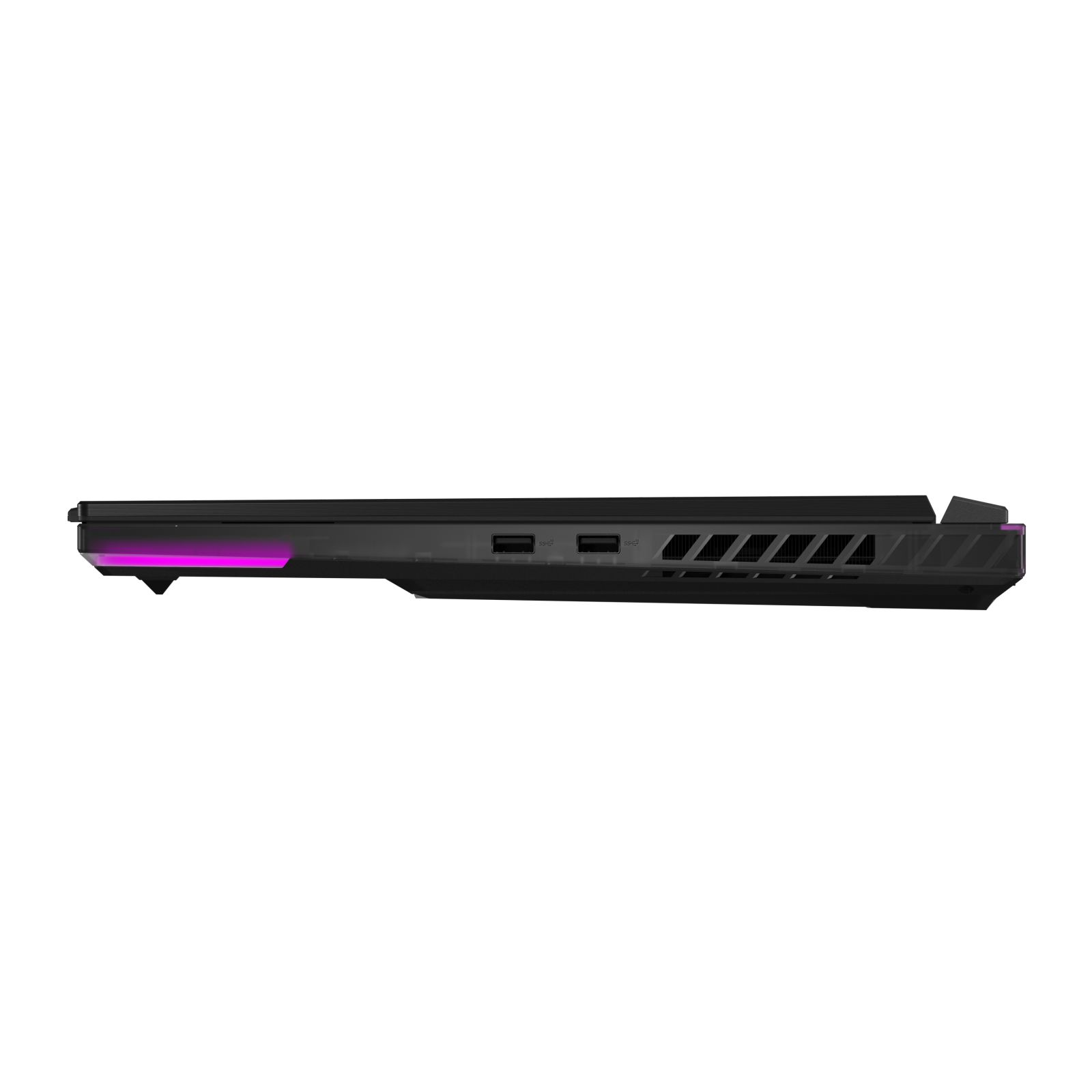 Seitenansicht eines schwarzen Laptops mit pinkfarbenem Lichtstreifen und Anschlüssen.