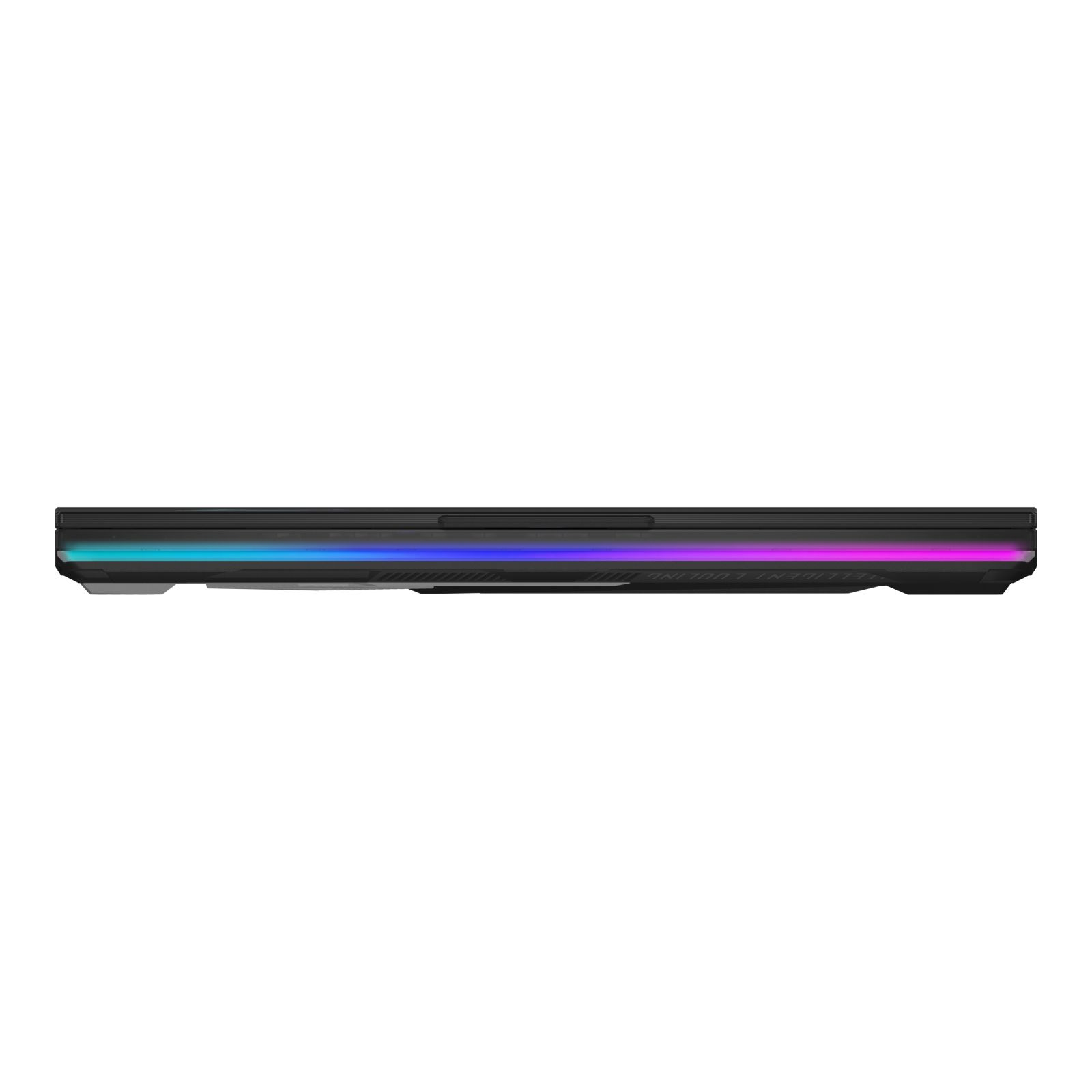 Ein dünner schwarzer Laptop, von der Seite gesehen, mit RGB-Beleuchtung am Rand.