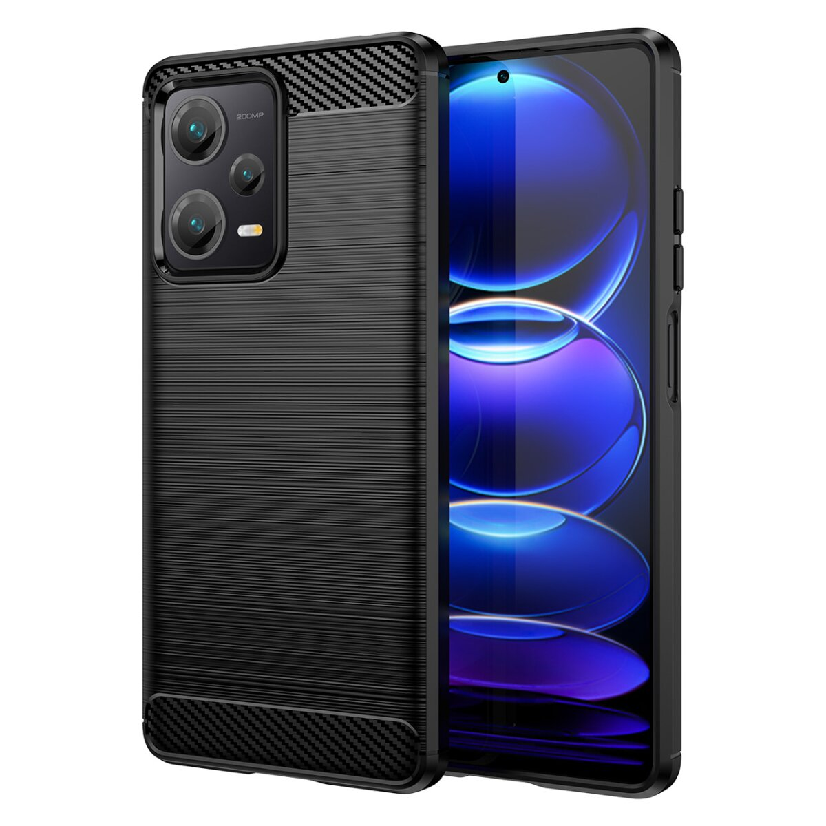 Schwarze Handyhülle mit strukturierter Rückseite über einem schwarzen Telefon.