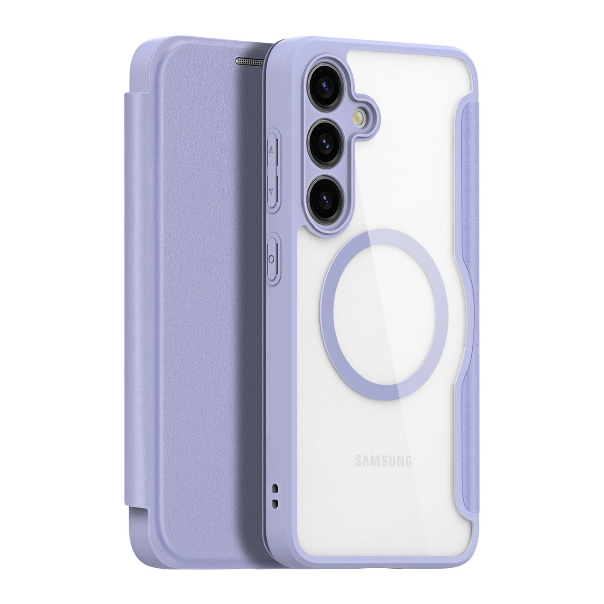 Custodia per telefono, copertina viola e retro trasparente, sfondo bianco.