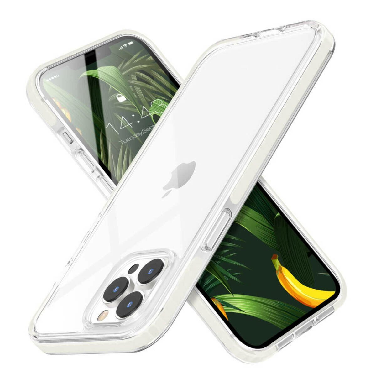 Zwei Telefone in Hüllen, eines mit Banane auf dem Bildschirm. Klare Hüllen.
