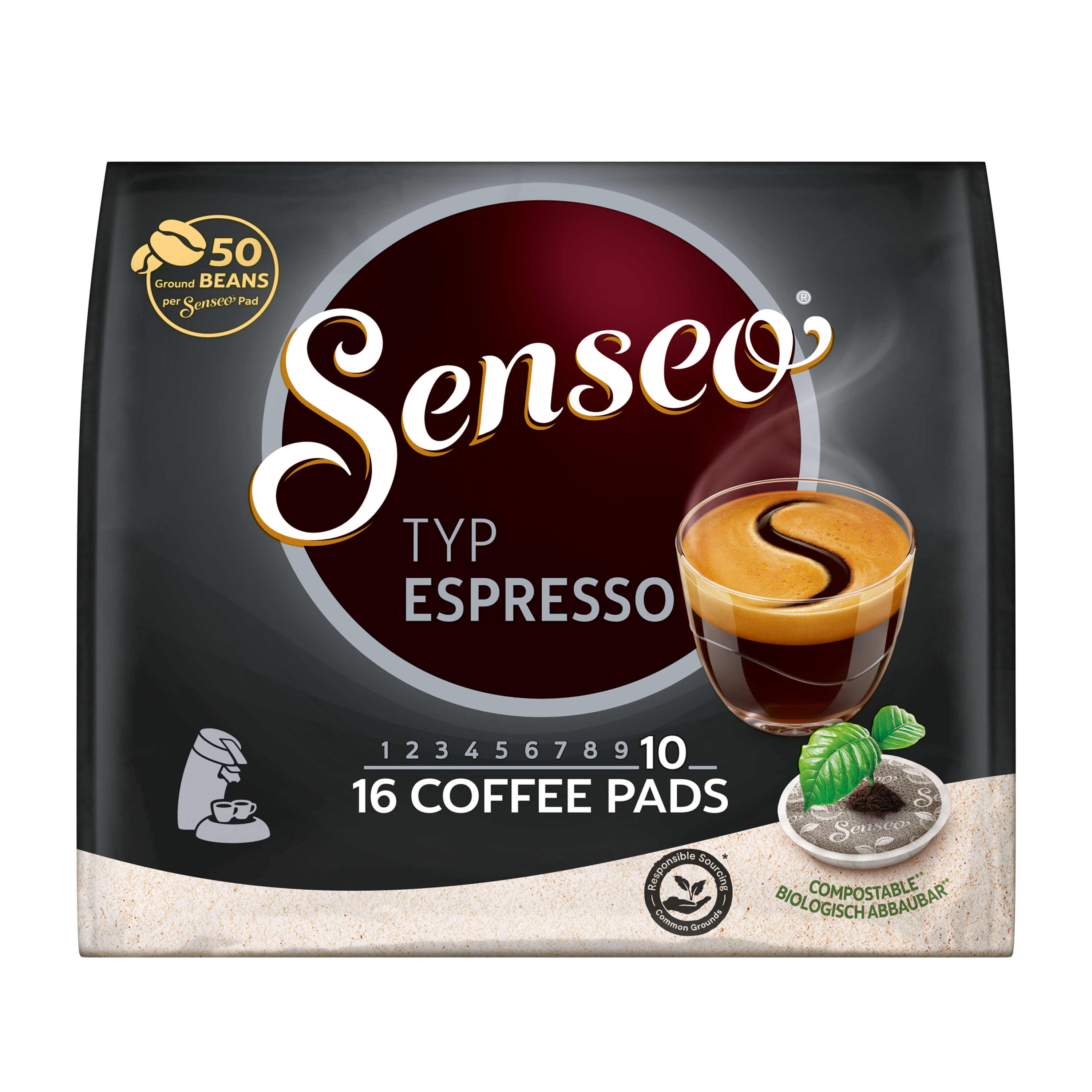 Eine schwarz-graue Kaffeepad-Verpackung mit einer Kaffeetasse; die Marke ist Senso, enthält 16 Pads.