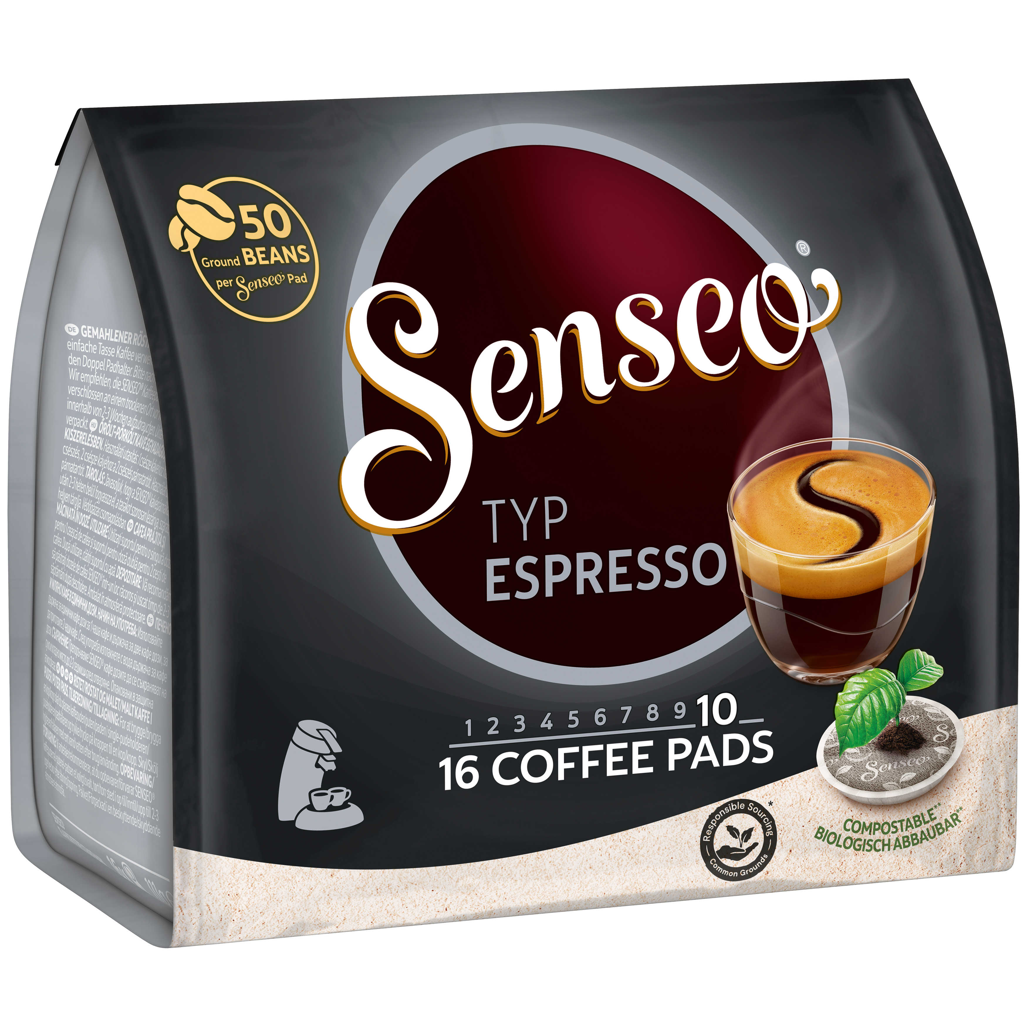 Kaffeepads-Verpackung, schwarz und grau, mit Espressotasse und Text.
