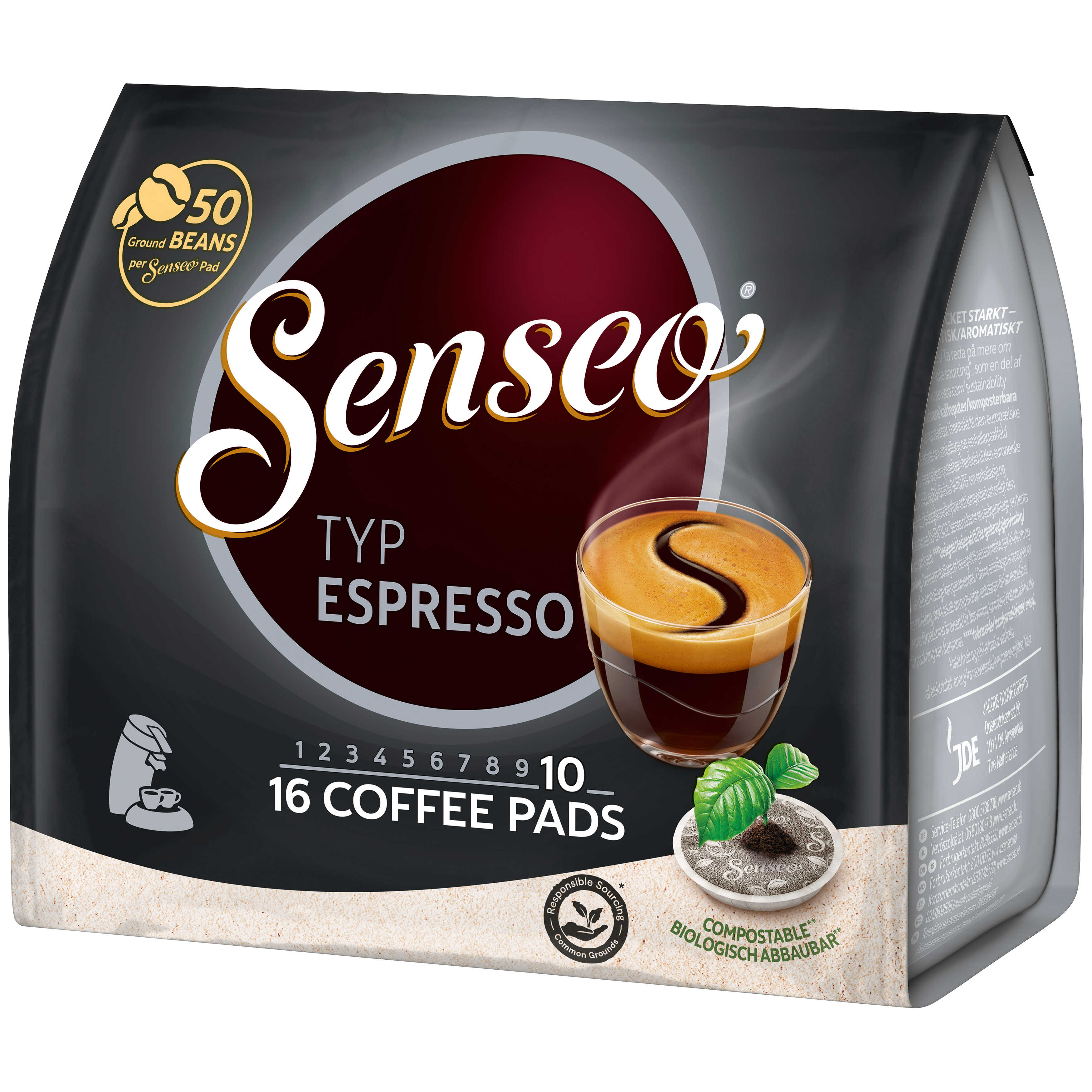 Eine Kaffeepad-Packung mit dem Markennamen Senseo und einem Kaffee-Bild.