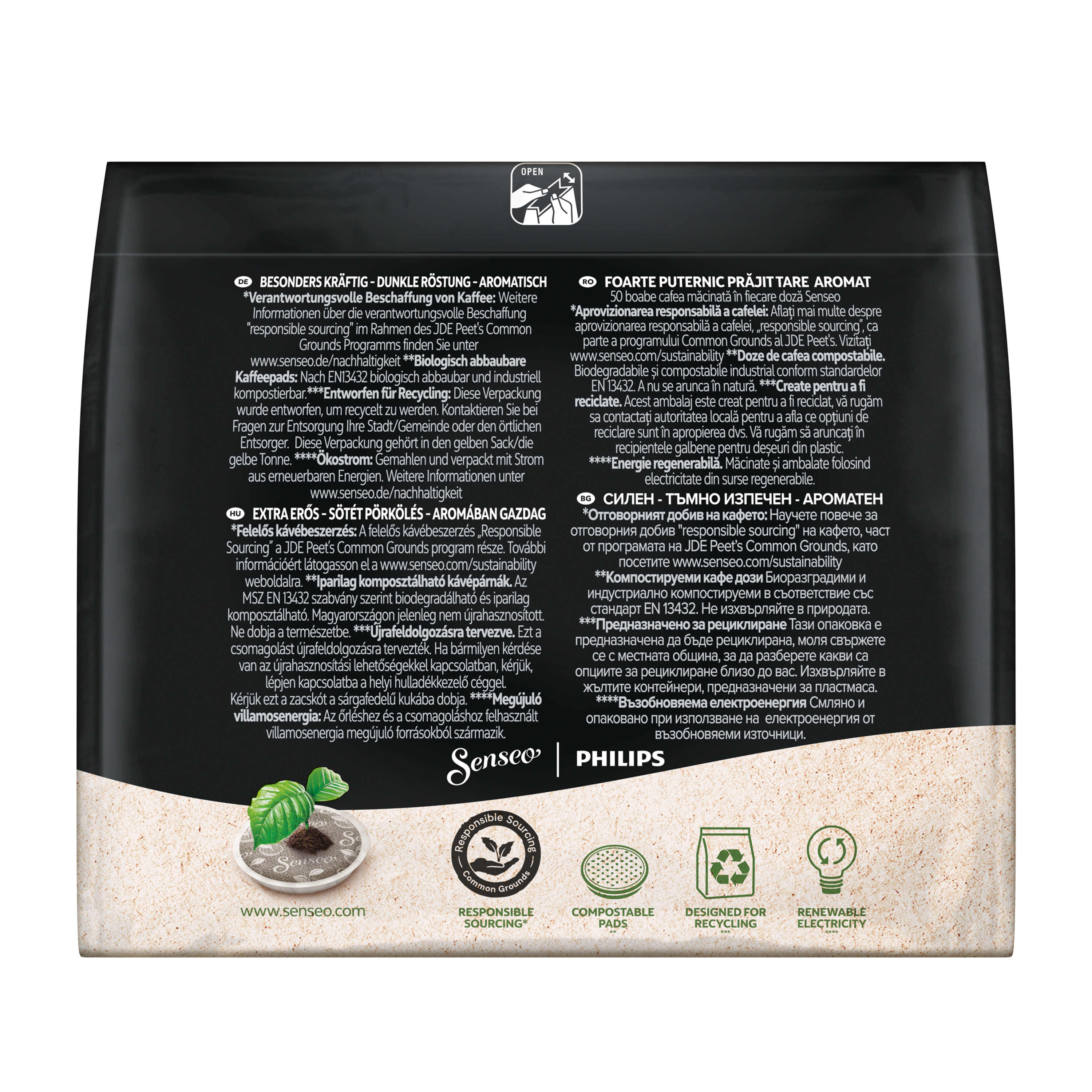 Kaffeetüte mit Text und Bildern zum Thema Recycling und Nachhaltigkeit.