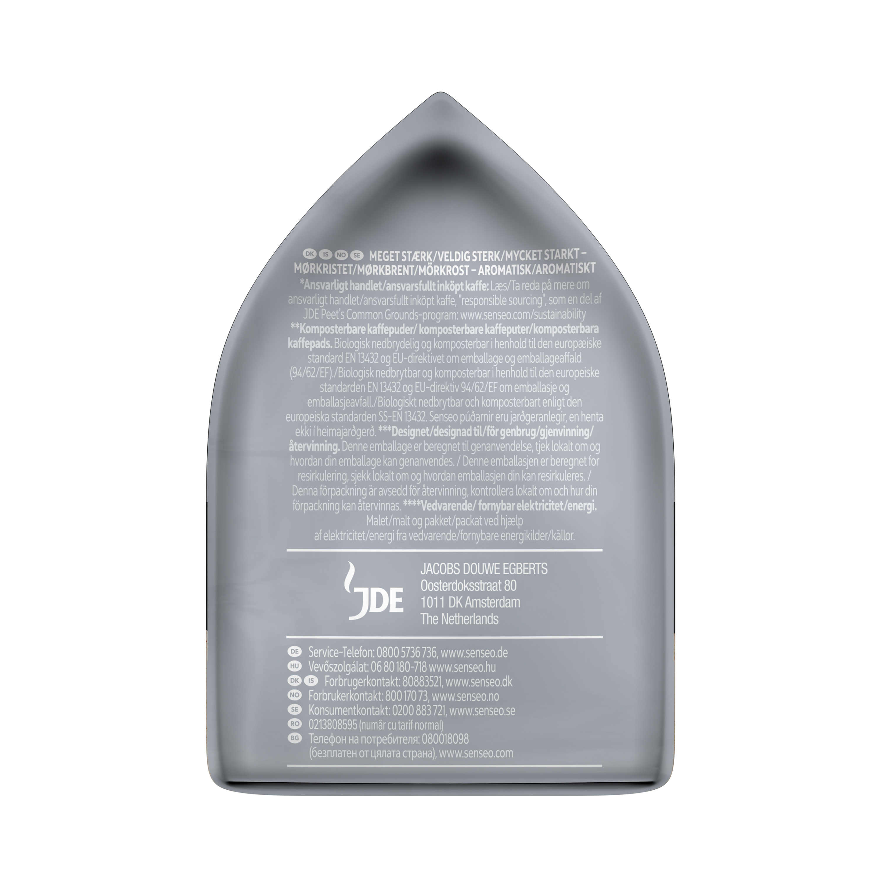 Silberne Kaffeeverpackung mit Text in verschiedenen Sprachen.