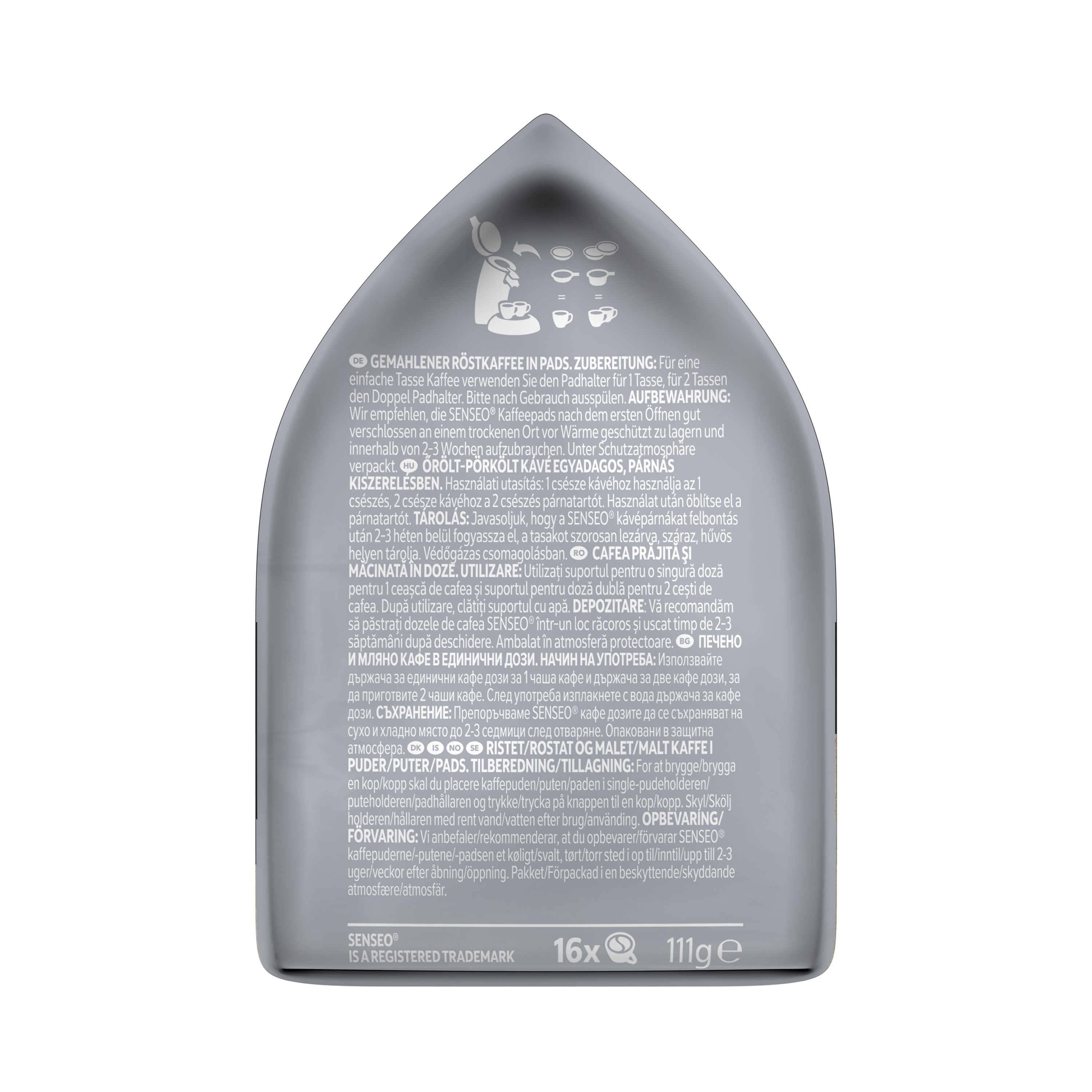 Silberne Kaffeepads-Verpackung mit Text, die Kaffeetassen und eine Person zeigt.