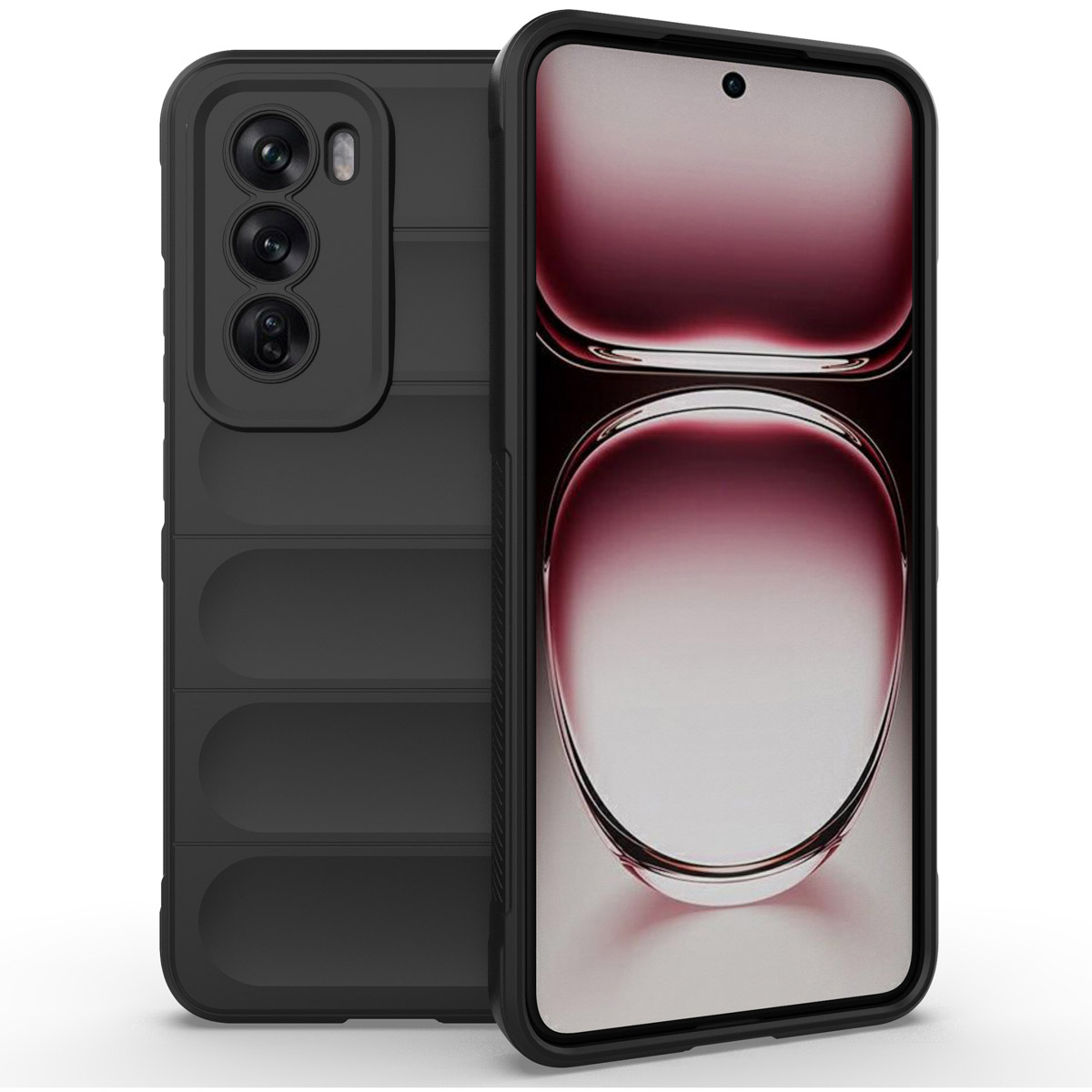 Zwarte telefoonhoes met ribbels. De telefoon is donkerpaars en heeft 3 camera's.