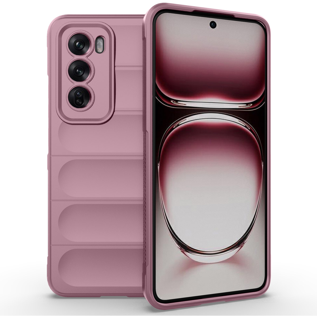 Coque de téléphone rose avec téléphone, le téléphone a trois caméras.