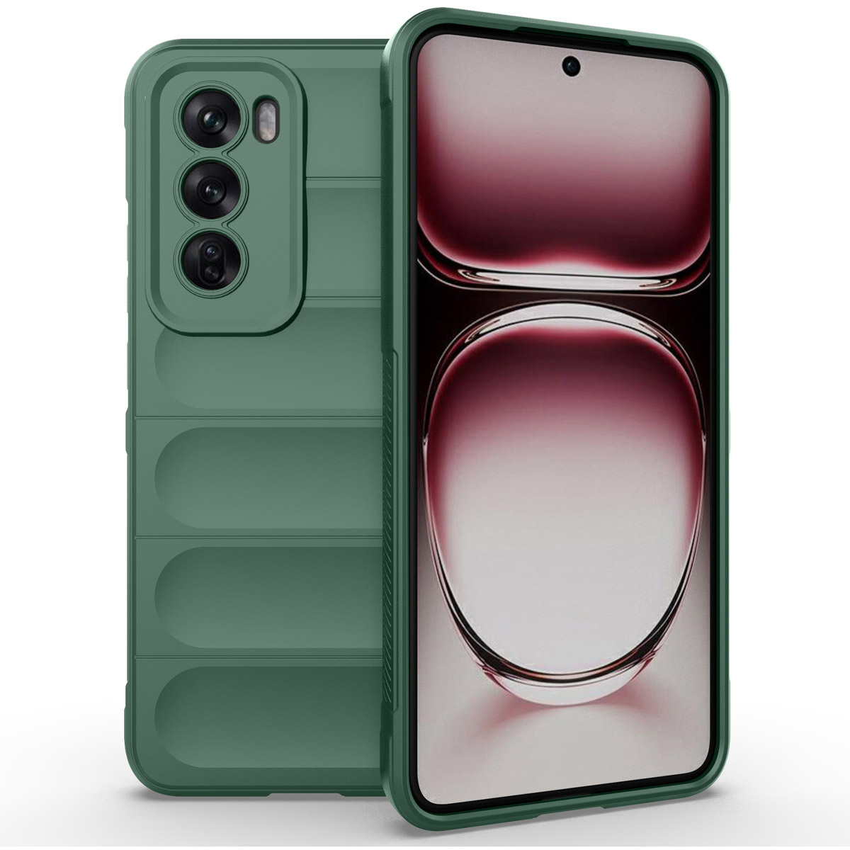 Groene telefoonhoes met een textuur achterkant op een witte achtergrond.