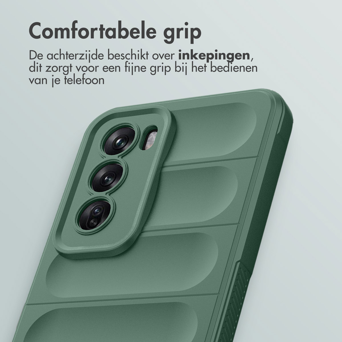 Groene telefoonhoes met camera-uitsparingen en getextureerde achterkant.