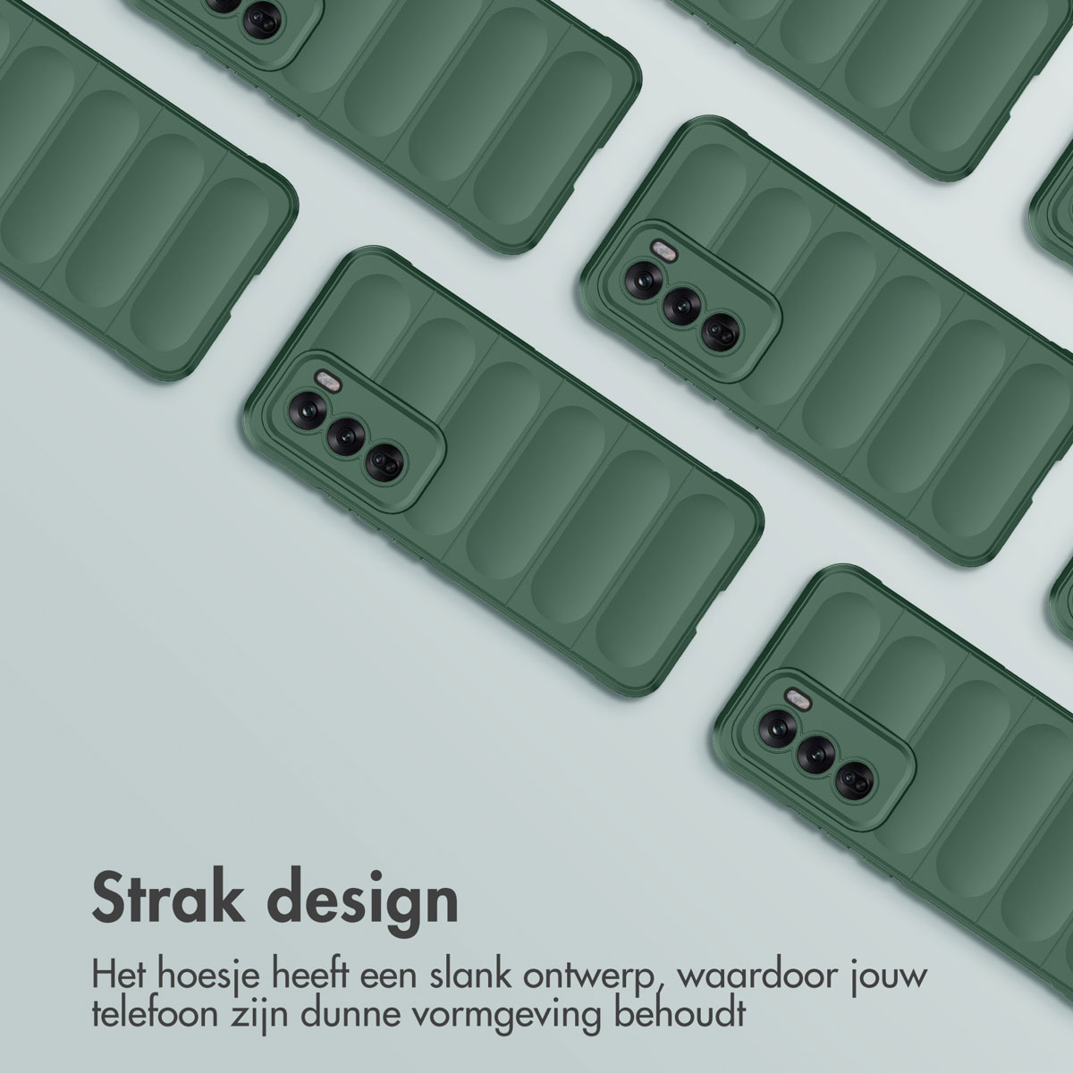 Groene telefoonhoesjes met een ingesprongen ontwerp, dicht bij elkaar geplaatst op een grijze ondergrond, met Nederlandse tekst.